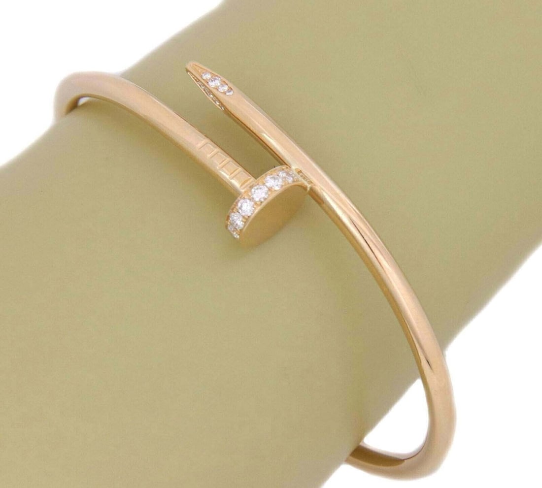 Cartier Juste un Clou 18k Rose Gold Diamond Pave Bangle Size 18: Cartier Juste un Clou 18k Rose Gold Diamond Pave Bangle Size 18 Cartier Juste un Clou Diamond Pave Nail Bracelet in 18k rose gold, featuring pave-set diamonds and the collection's iconic nail-inspired