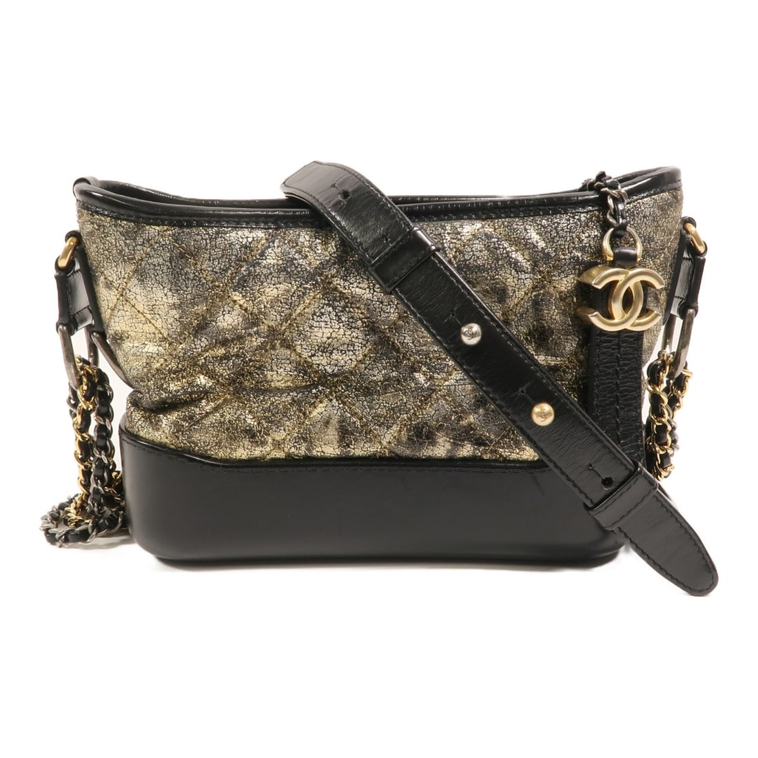CHANEL Gabrielle A91810 Small Shoulder Bag Black Calfskin Gold Tone CC: CHANEL Gabrielle A91810 Small Shoulder Bag Black Calfskin Gold Tone CC A CHANEL Gabrielle Small Chain Shoulder Bag, model A91810, crafted in calfskin (cowhide) with a black and gold/black colorway. It