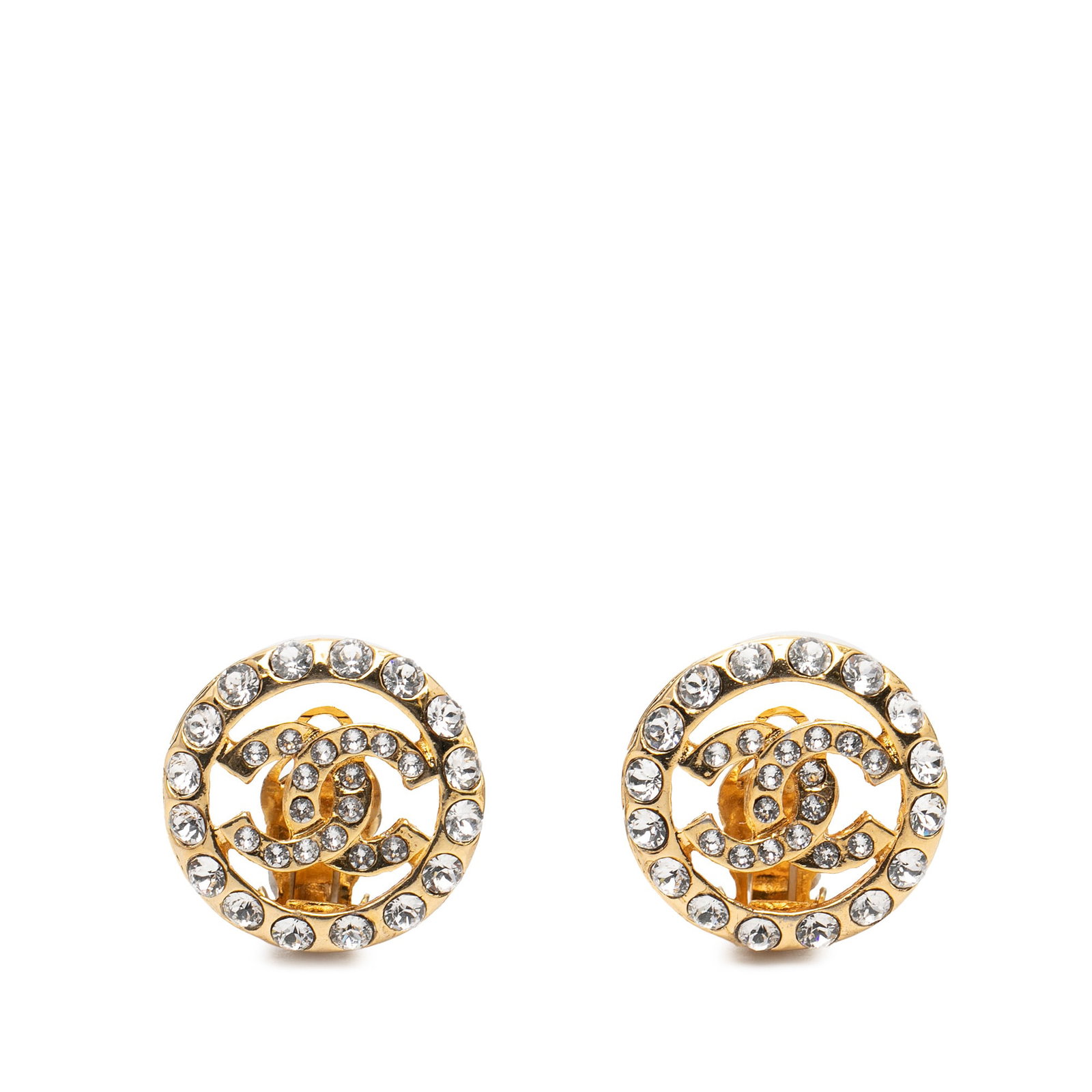 Chanel Round Clip-On Earrings with Gold Plating and Rhinestones: Chanel Round Clip-On Earrings with Gold Plating and Rhinestones These Chanel earrings feature a round design with gold-plated metal bodies adorned with rhinestone accents. They are equipped with clip-