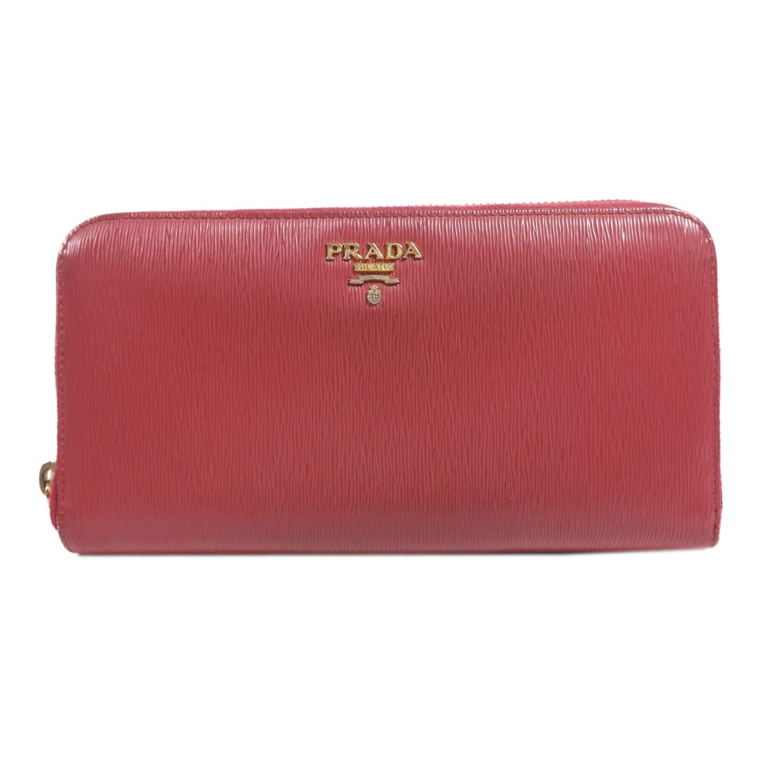 PRADA IML5062F22 Calfskin L Shaped Zip Long Wallet Pink: PRADA IML5062F22 Calfskin L Shaped Zip Long Wallet Pink A Prada L-shaped zipper long wallet in pink calfskin (cowhide) leather, designed for women. It features a zipper closure, a coin case, and card 
