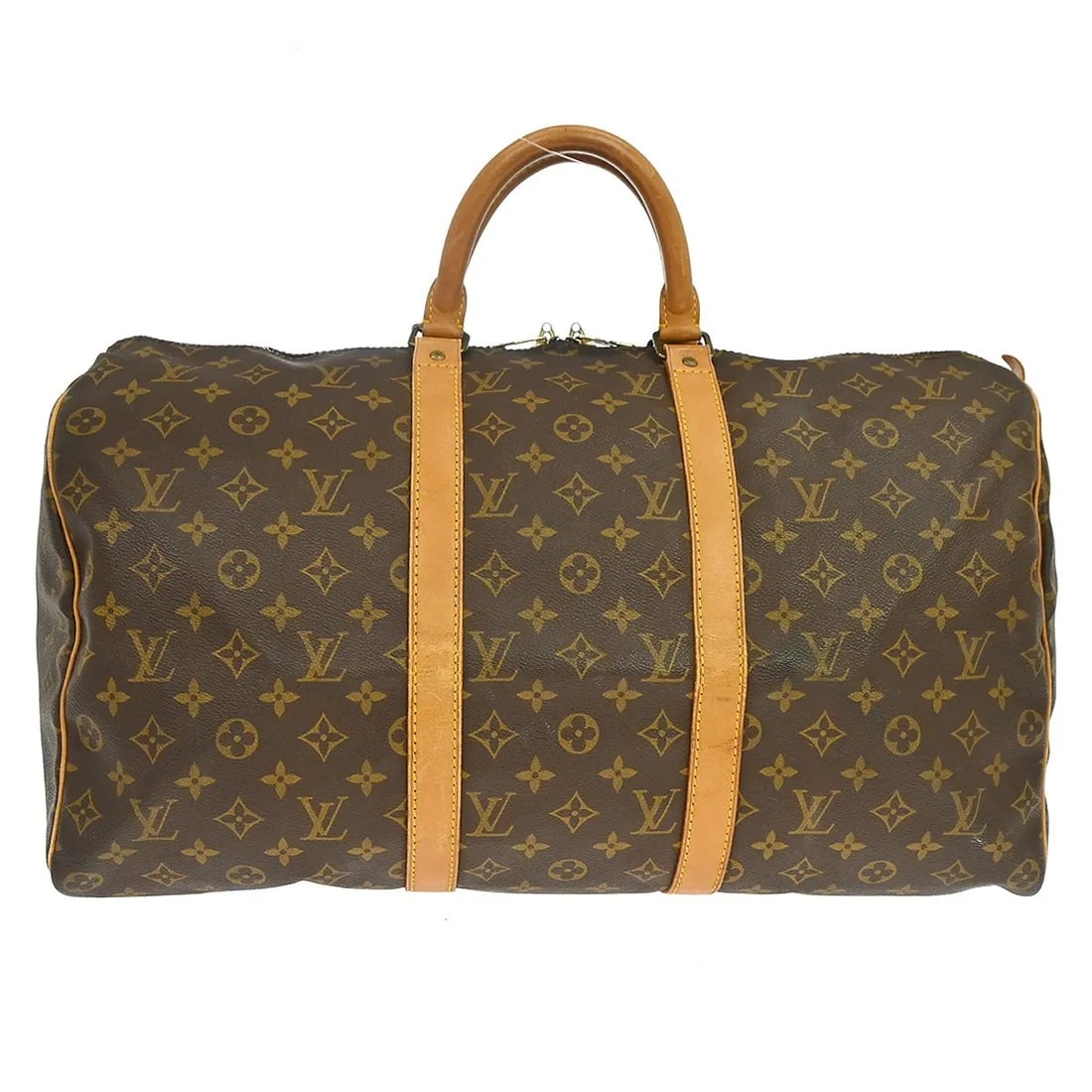 Louis Vuitton Keepall Travel Bag Monogram Canvas 50cm x 29cm x 22cm: Louis Vuitton Keepall Travel Bag Monogram Canvas 50cm x 29cm x 22cm This Louis Vuitton Keepall Bag features the iconic Monogram canvas in brown and is designed for unisex use. The bag shows visible si