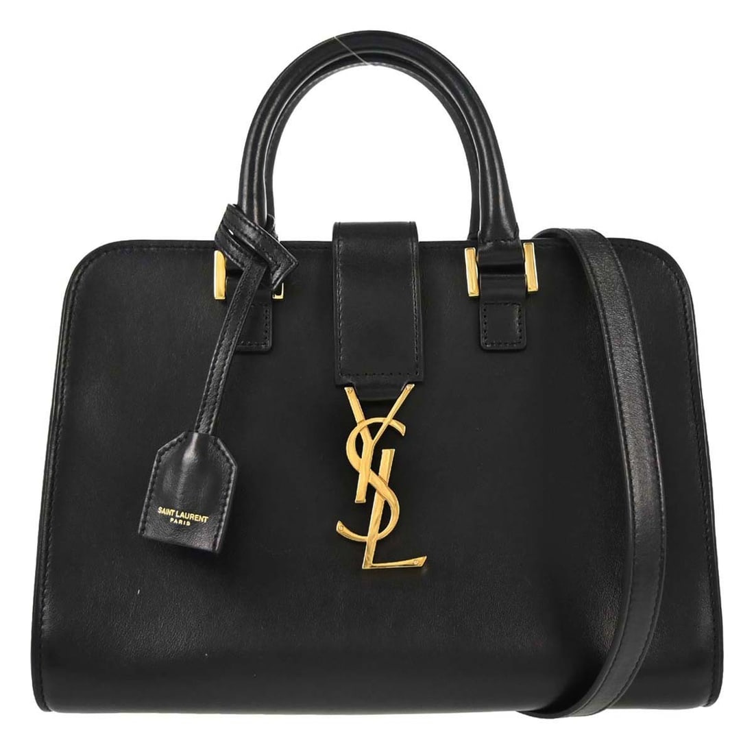 Saint Laurent Baby Cabas Black Calfskin Top Handle Bag with Strap: Saint Laurent Baby Cabas Black Calfskin Top Handle Bag with Strap Saint Laurent Baby Cabas 2way handbag in black calfskin with double handles and a detachable shoulder strap. This small top handle bag