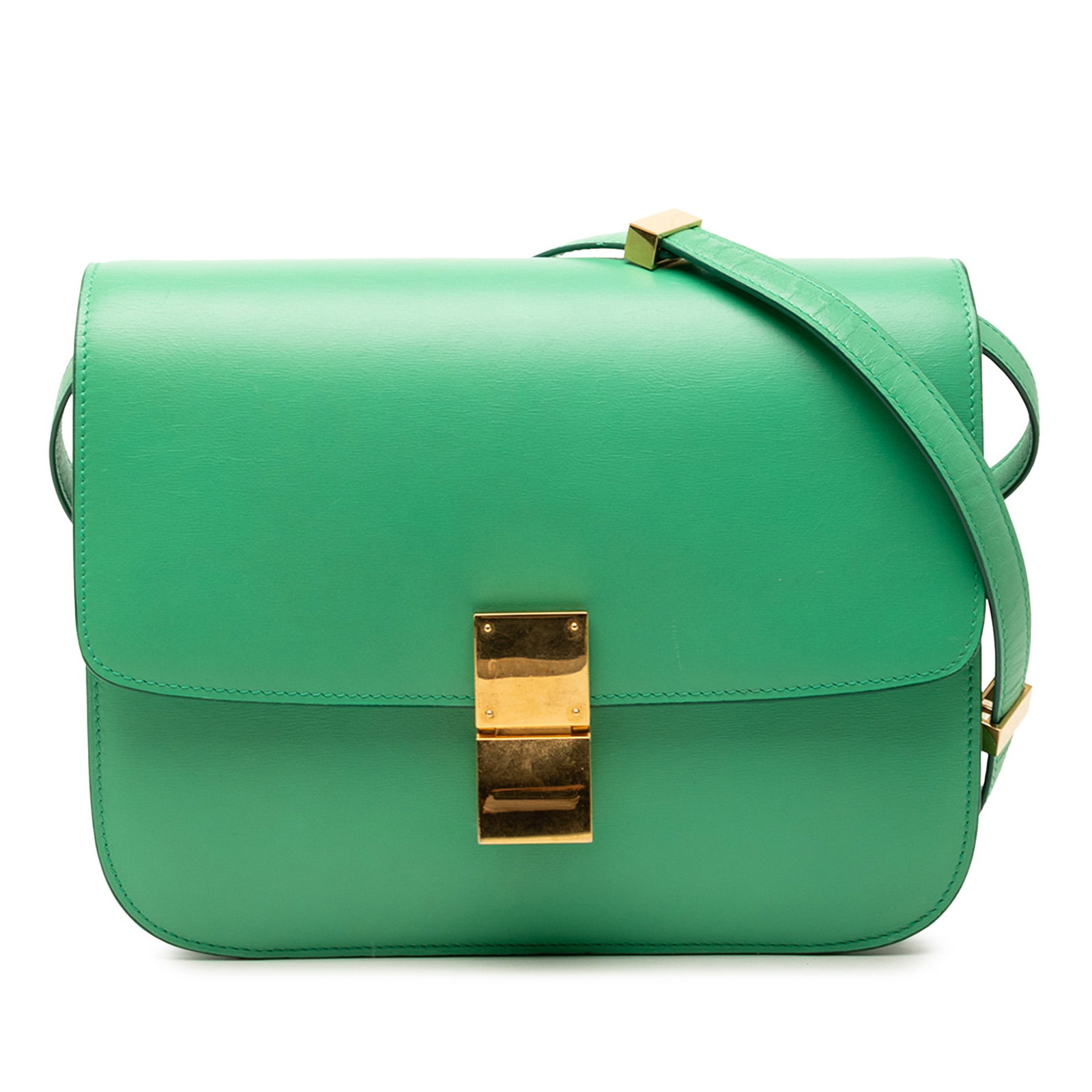 Celine Classic Box Medium Green Leather Crossbody Bag: Celine Classic Box Medium Green Leather Crossbody Bag Celine Medium Calfskin Classic Box crossbody bag in green leather. This bag features an adjustable flat strap, a front flap with metal clasp closu