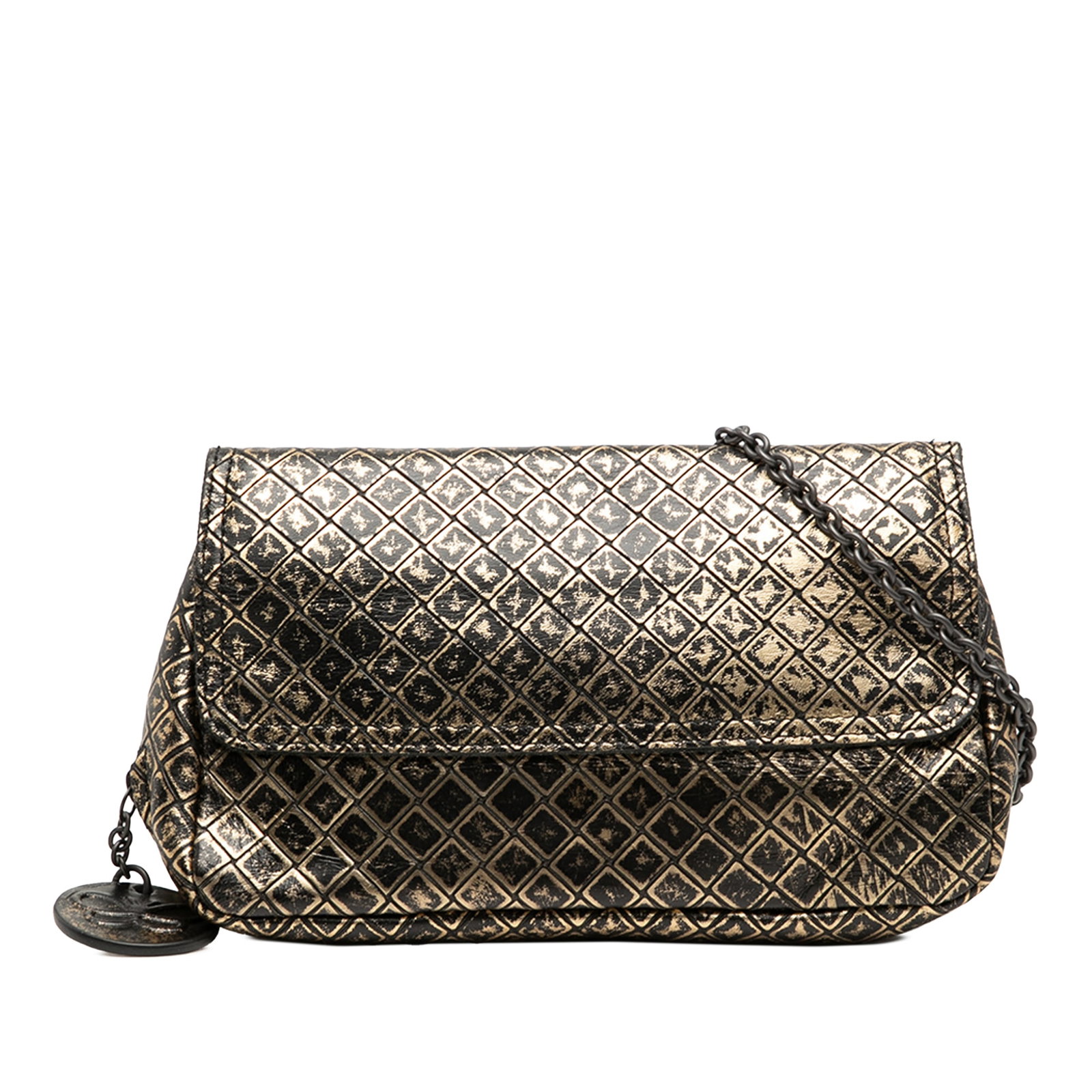 Bottega Veneta Gold Leather Intrecciomirage Chain Shoulder Bag: Bottega Veneta Gold Leather Intrecciomirage Chain Shoulder Bag This Bottega Veneta crossbody bag features metallic calfskin leather with the signature Intrecciomirage embossed design. It is equipped w