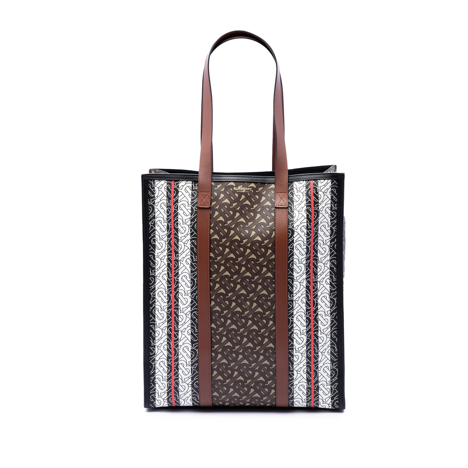 Burberry TB Monogram Vertical Tote in E-Canvas with Stripe: Burberry TB Monogram Vertical Tote in E-Canvas with Stripe Burberry TB Monogram E-Canvas Stripe Vertical Tote in brown with a coated canvas body and leather trim. This open-top tote features flat leat