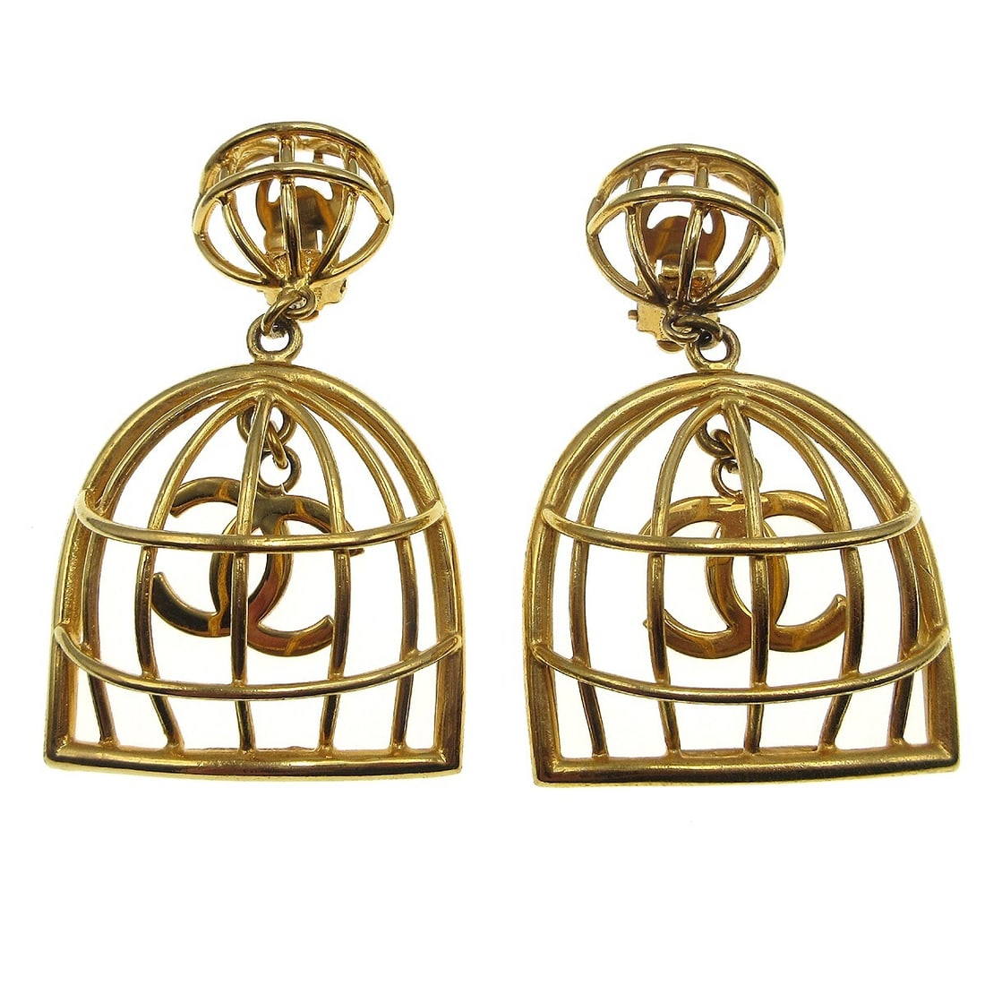 Chanel 93P Gold Plated Clip On Dangle Earrings: Chanel 93P Gold Plated Clip On Dangle Earrings Pair of Chanel birdcage dangle earrings with clip-on backs and CC logo accents. Finished in gold-plated metal, these earrings are marked 93P and present 