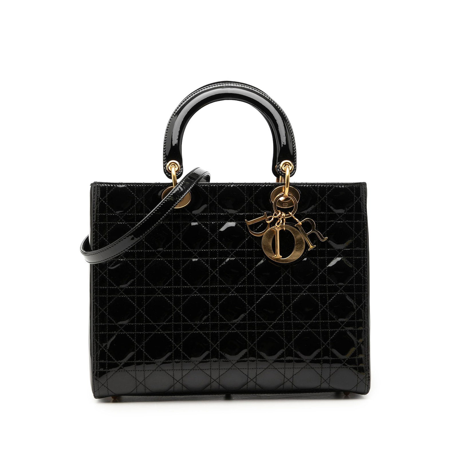 Dior Lady Dior Large Cannage Patent Leather Handbag Black: Dior Lady Dior Large Cannage Patent Leather Handbag Black Large Lady Dior handbag in black patent leather with Cannage quilting. This bag features flat top handles, a detachable flat leather strap, a 