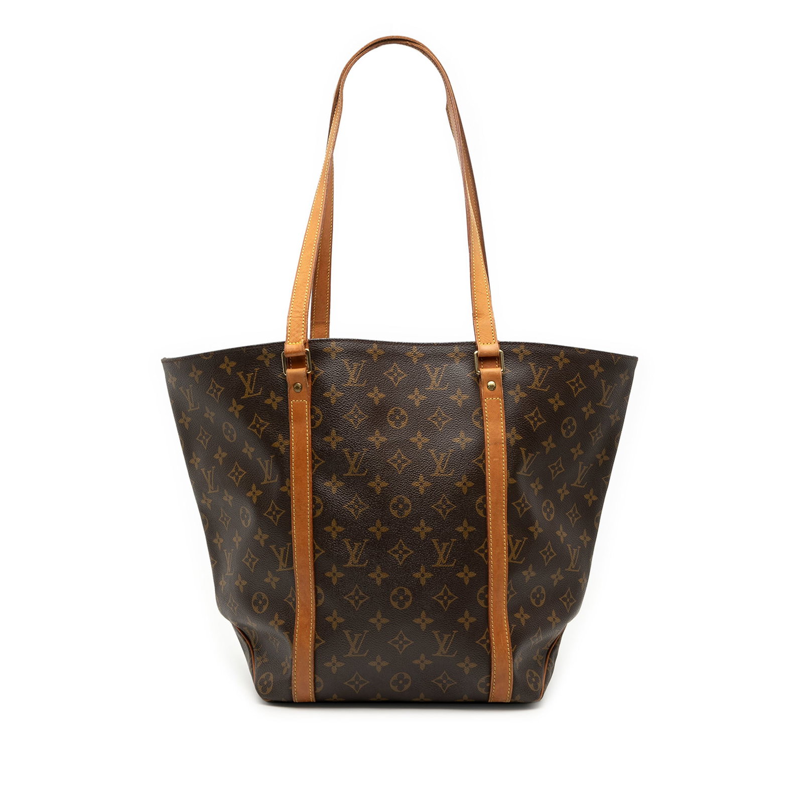 Louis Vuitton Monogram Canvas Sac Shopping Tote with Vachetta Leather Trim: Louis Vuitton Monogram Canvas Sac Shopping Tote with Vachetta Leather Trim This Louis Vuitton Monogram Sac Shopping bag features the iconic monogram canvas body with vachetta leather trim and flat vac
