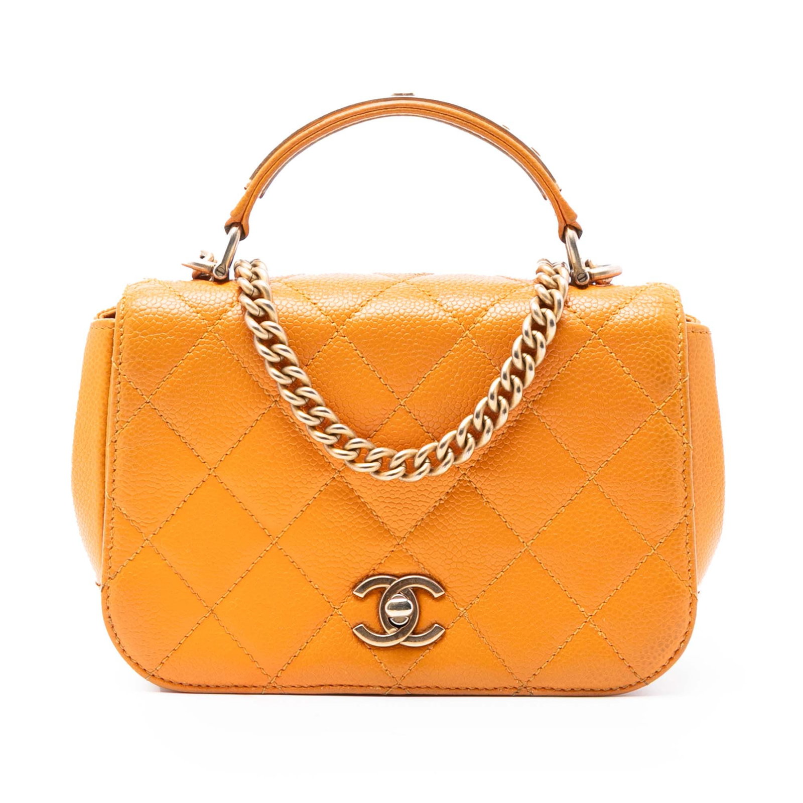 Chanel Mini Carry Around Flap Bag in Orange Quilted Caviar Leather: Chanel Mini Carry Around Flap Bag in Orange Quilted Caviar Leather This Chanel Mini Quilted Caviar Carry Around Flap satchel showcases a luxurious quilted caviar leather exterior in orange. It feature