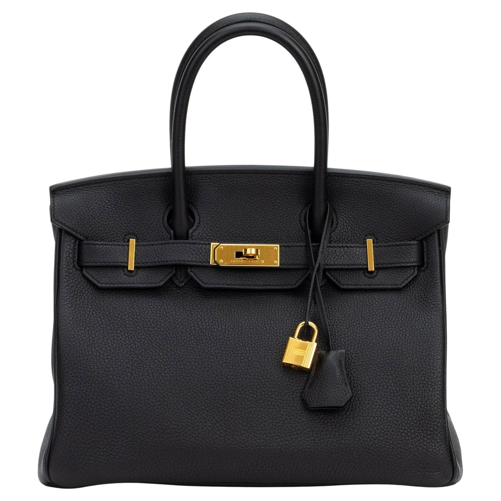 Hermes Birkin 30 Handbag Black Togo Leather Gold Tone Hardware: Hermes Birkin 30 Handbag Black Togo Leather Gold Tone Hardware Hermes Birkin 30 handbag in black Togo leather with rolled top handles and gold tone hardware. The top opens to a matching goatskin leath