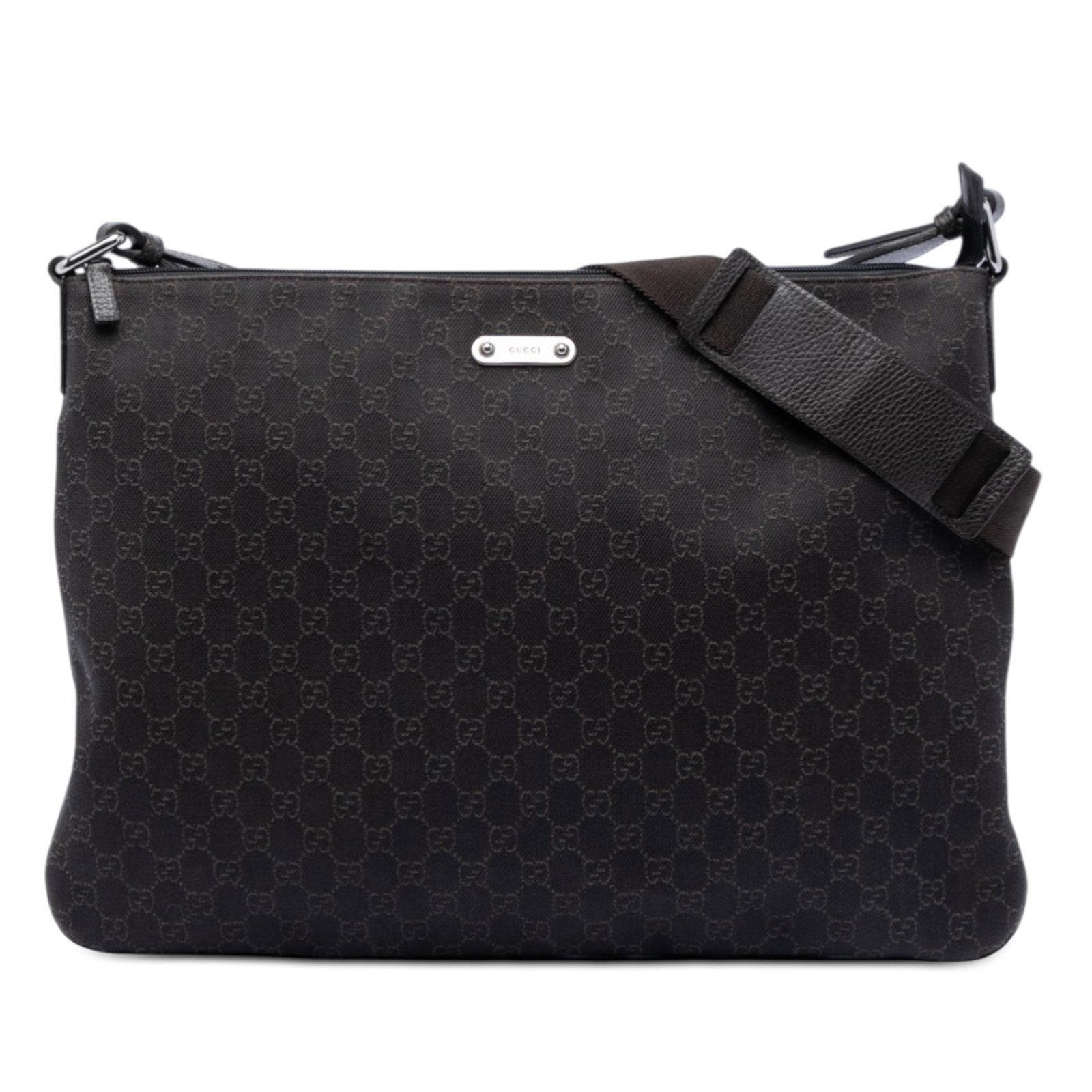 Gucci GG Denim Brown Crossbody Bag with Flat Strap and Zip Pockets: Gucci GG Denim Brown Crossbody Bag with Flat Strap and Zip Pockets This Gucci GG Denim Crossbody bag features a brown denim fabric body, a flat strap, a top zip closure, and both interior zip and slip