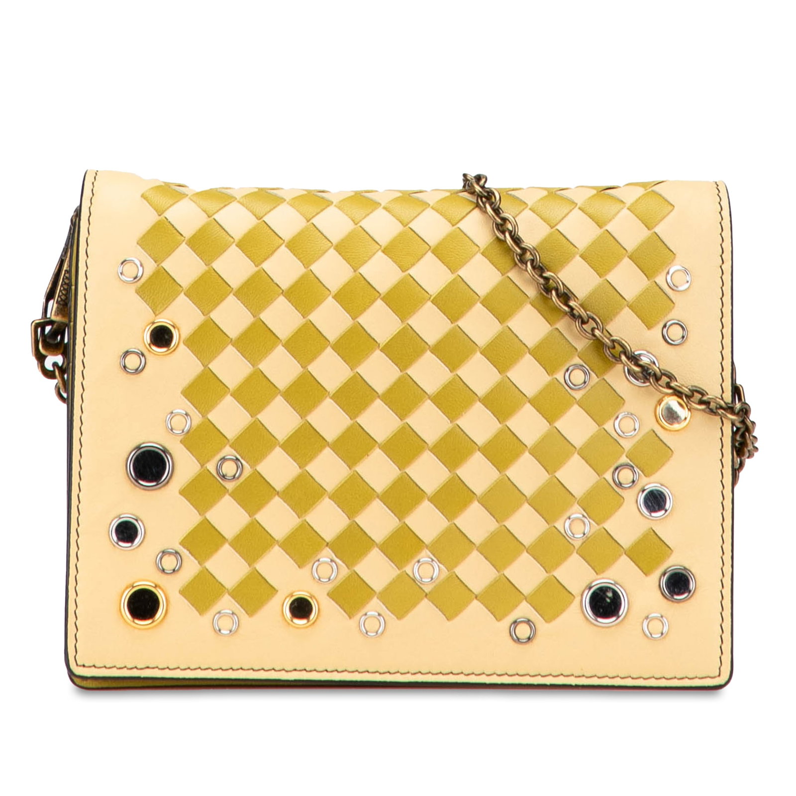Bottega Veneta Yellow Nappa Intrecciato Studded Wallet on Chain: Bottega Veneta Yellow Nappa Intrecciato Studded Wallet on Chain This stylish crossbody wallet on chain from Bottega Veneta showcases exquisite craftsmanship with its nappa leather body adorned with me