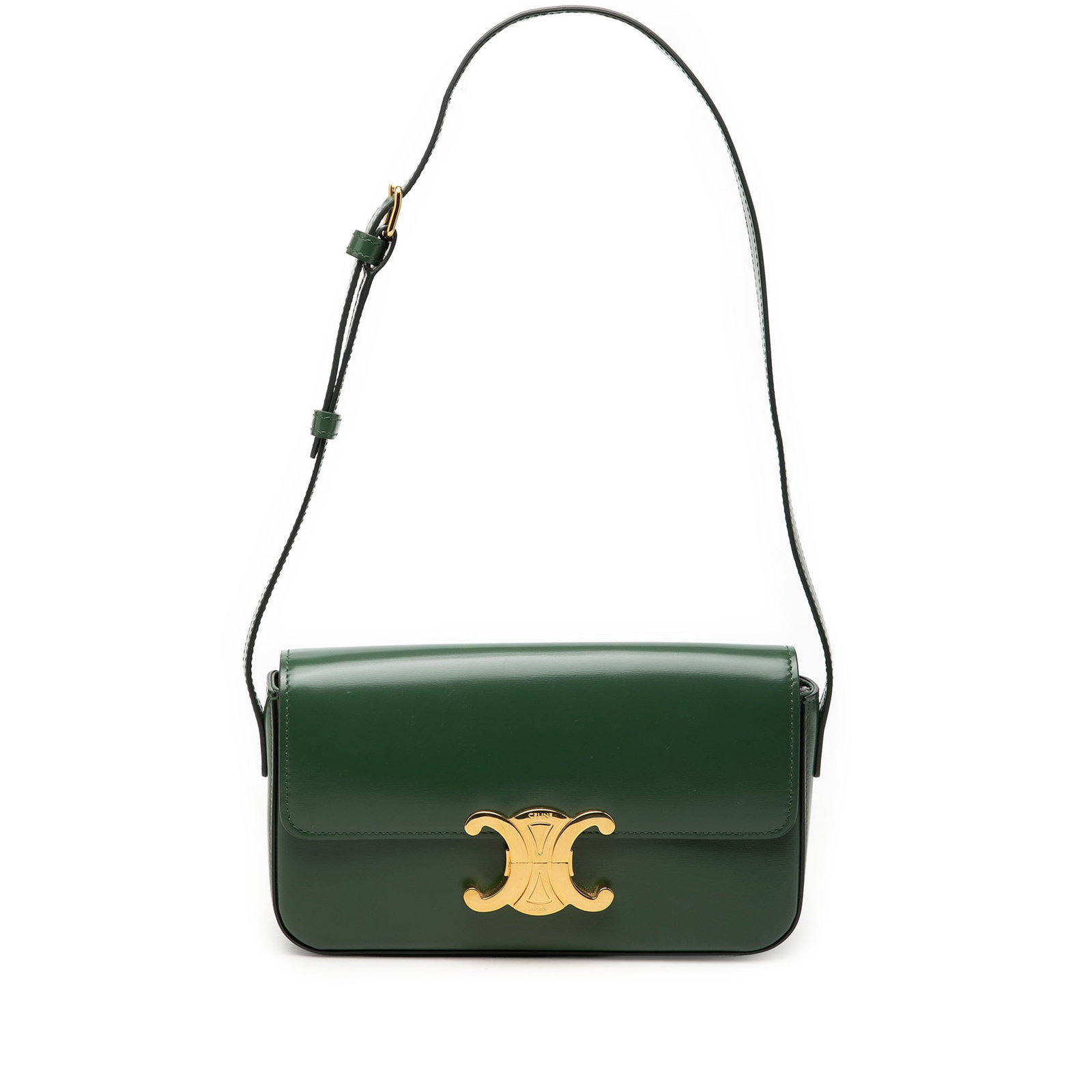 Celine Claude Green Leather Shoulder Bag: Celine Claude Green Leather Shoulder Bag Celine Shiny Calfskin Claude Shoulder Bag in green leather, made in Italy. It features an adjustable flat leather shoulder strap, a front flap with push-lock c