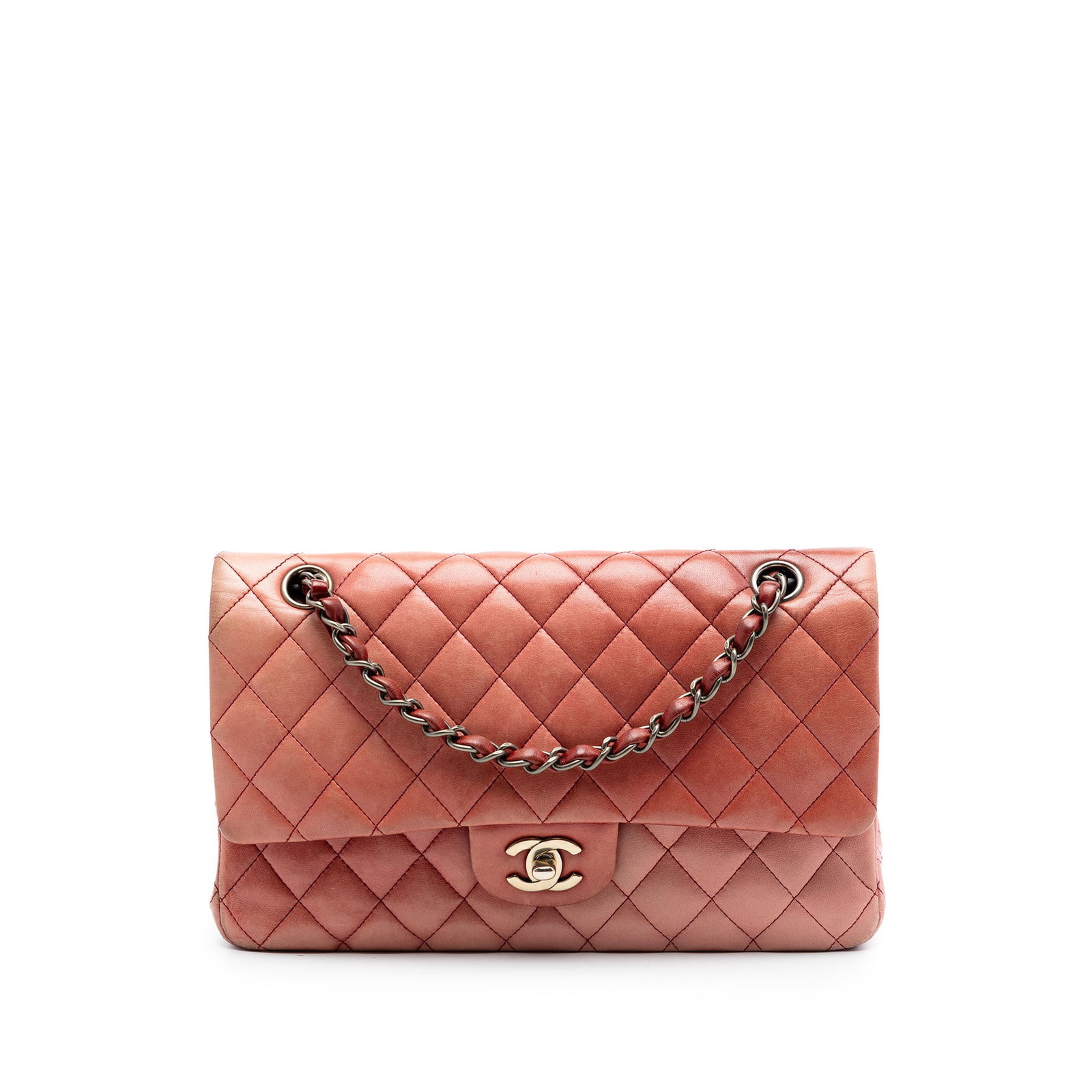 Chanel Medium Classic Ombre Lambskin Double Flap Shoulder Bag: Chanel Medium Classic Ombre Lambskin Double Flap Shoulder Bag This Chanel Medium Classic Lambskin Ombre Double Flap shoulder bag is crafted in quilted lambskin with leather-woven chain straps, double 
