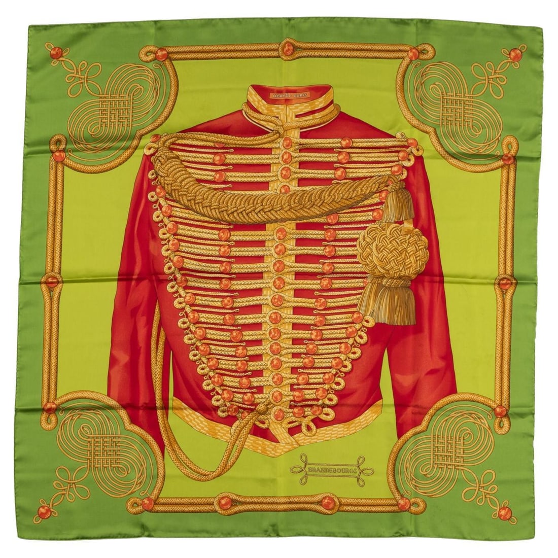 Hermes Brandebourgs 35 in Silk Scarf Green Red: Hermes Brandebourgs 35 in Silk Scarf Green Red Hermes "Brandebourgs" silk scarf in a green and red colorway with hand-rolled edges. Made in France, this piece is crafted from 100% silk. Condition is g