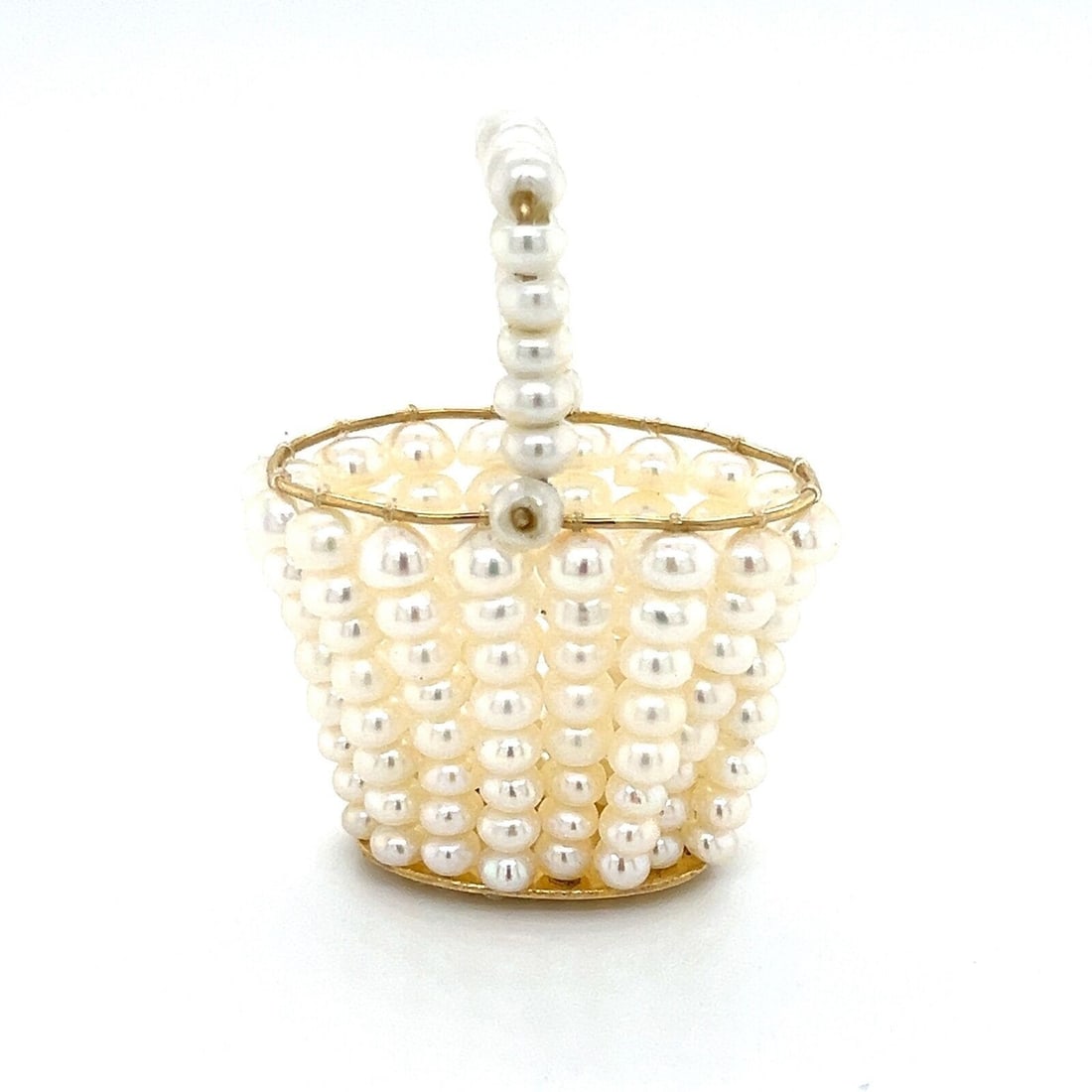 Vintage Pearl Basket Charm Pendant in 14k Yellow Gold: Vintage Pearl Basket Charm Pendant in 14k Yellow Gold This vintage estate charm pendant is crafted in 14k yellow gold and features a three-dimensional pearl basket design with pearls measuring approxi