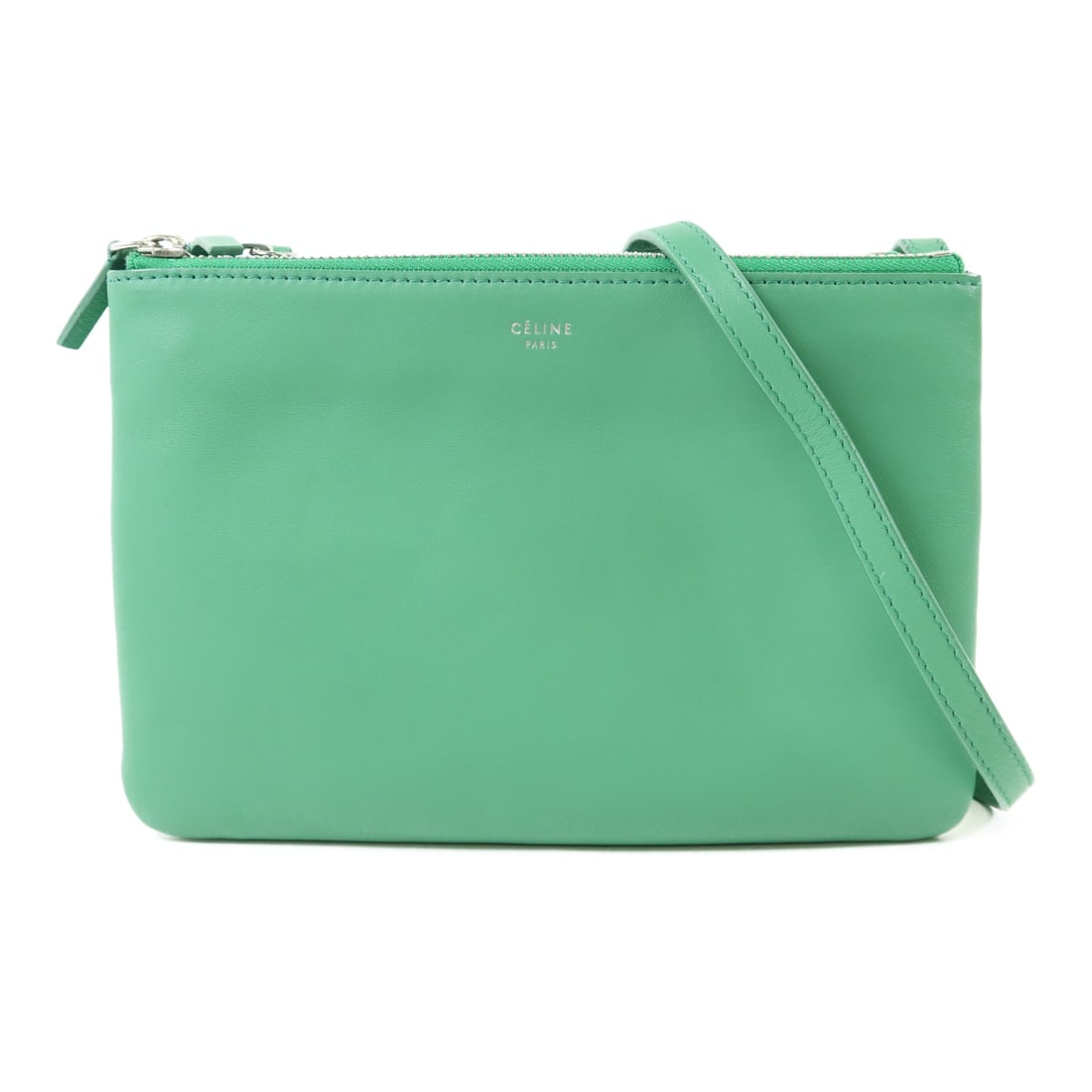 CELINE Trio Green Lambskin Shoulder Bag SHW: CELINE Trio Green Lambskin Shoulder Bag SHW CELINE Trio shoulder bag in green lambskin (sheep leather) with a shoulder strap and green frame color. Designed for women, it is a regular-size shoulder ba