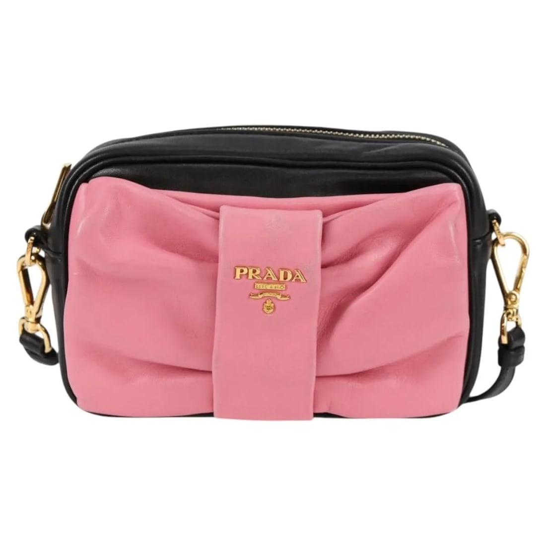Prada Bow Camera black leather crossbody bag: Prada Bow Camera black leather crossbody bag This Prada Bow Camera Crossbody Bag is crafted from black nappa leather, designed for women. It features a compact silhouette suitable for everyday use. Th