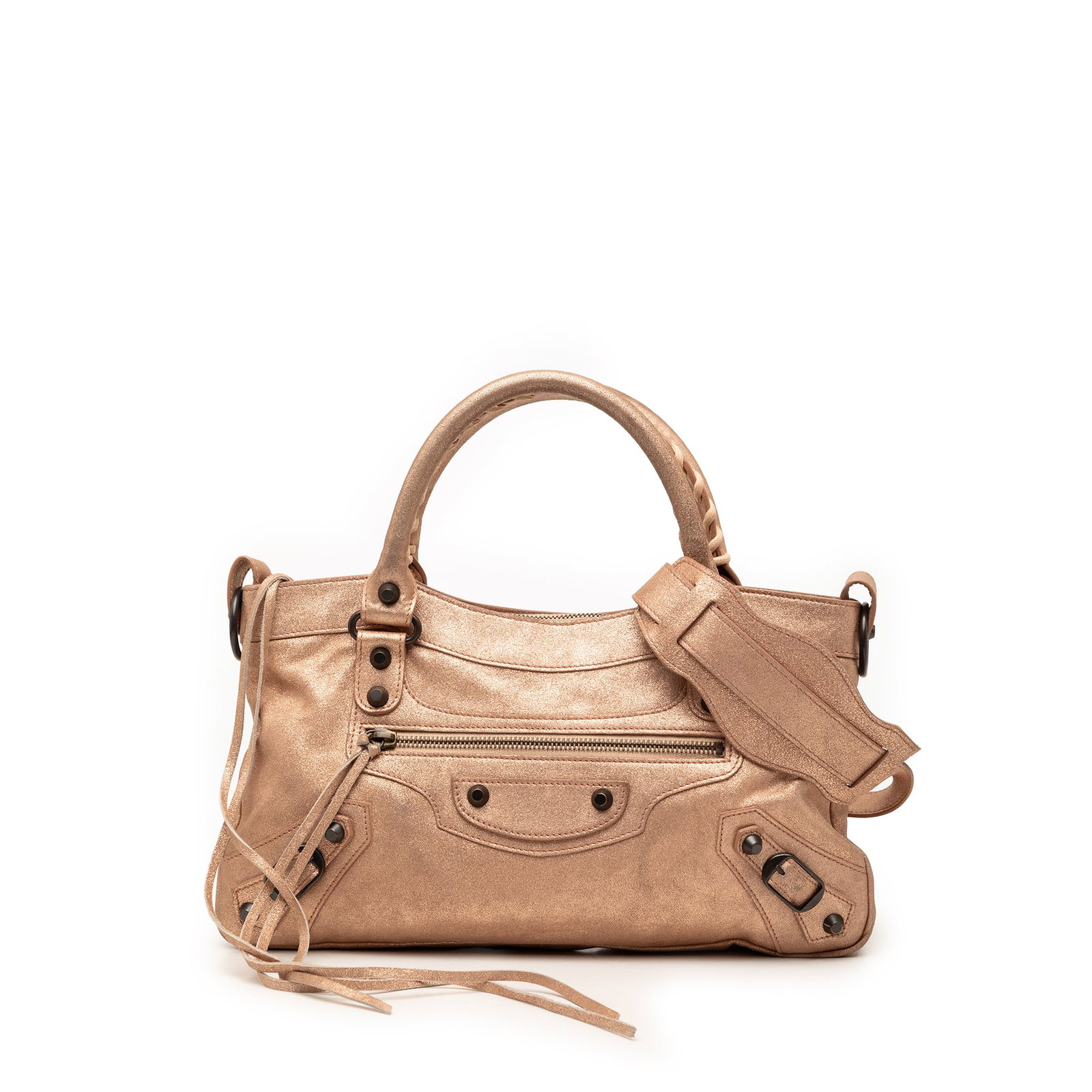 Balenciaga pink metallic suede First satchel: Balenciaga pink metallic suede First satchel This Balenciaga Metallic Craquele Suede Motocross Classic First Satchel features a metallic suede leather body in pink, rolled leather handles, a detachabl