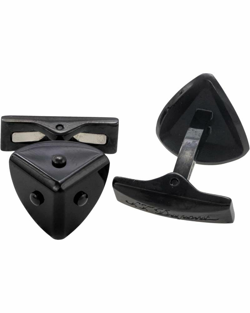 S.T. Dupont Corners Motif Cufflinks Black PVD Stainless Steel: S.T. Dupont Corners Motif Cufflinks Black PVD Stainless Steel S.T. Dupont Corners Motif cufflinks in black PVD stainless steel. This pre-owned pair features a polished black finish and the Corners mot