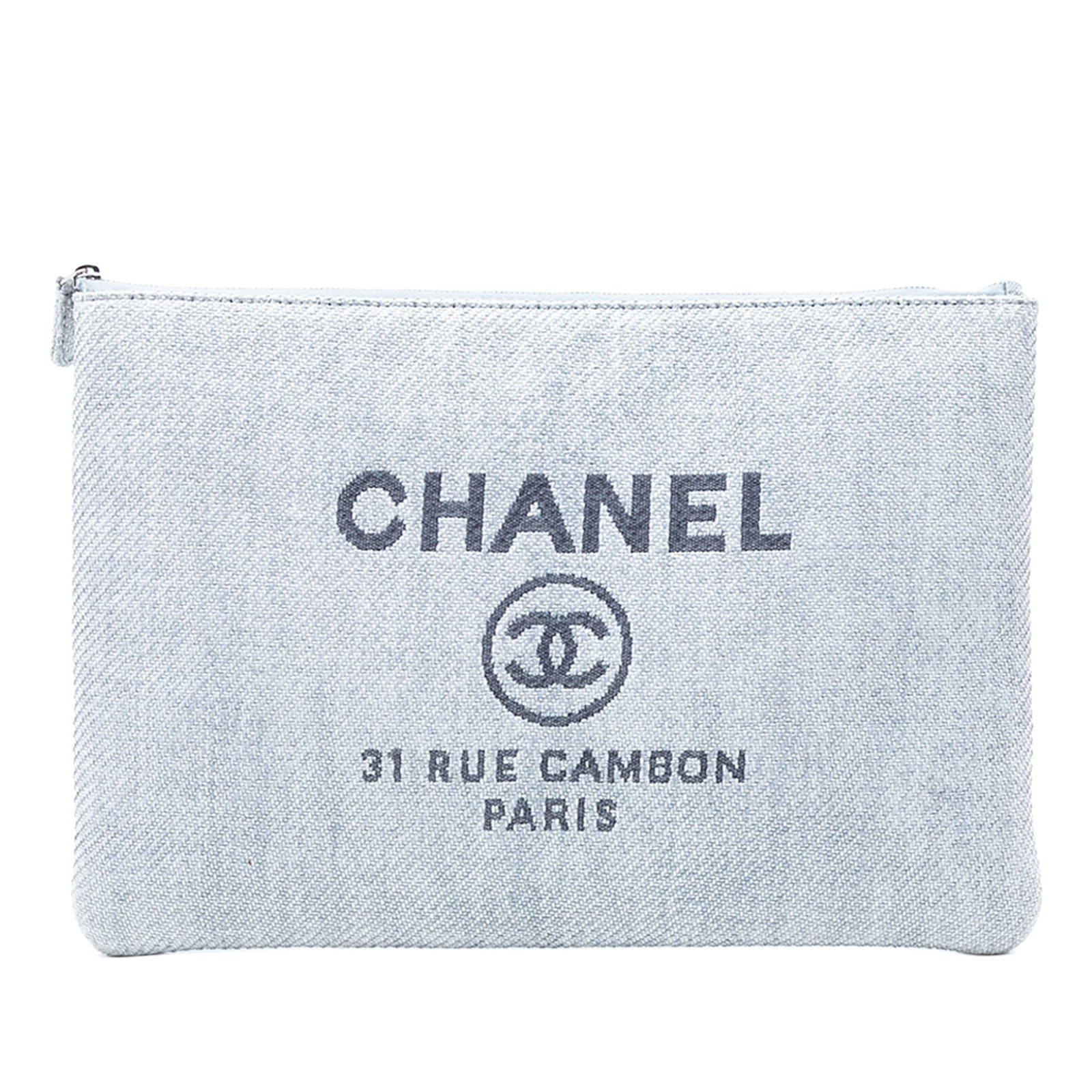 Chanel blue canvas zip clutch Deauville O Case: Chanel blue canvas zip clutch Deauville O Case This Chanel Large Canvas Deauville O Case is a blue clutch crafted from fabric with a top zip closure. Made in Italy, it features a spacious interior and