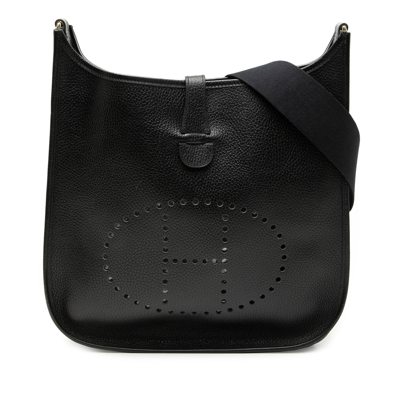 Hermes Evelyne I GM Clemence Leather Shoulder Bag Black: Hermes Evelyne I GM Clemence Leather Shoulder Bag Black The Hermes Clemence Evelyne III 33 is crafted from Clemence leather in Noir (black), featuring a detachable and adjustable flat leather strap, a