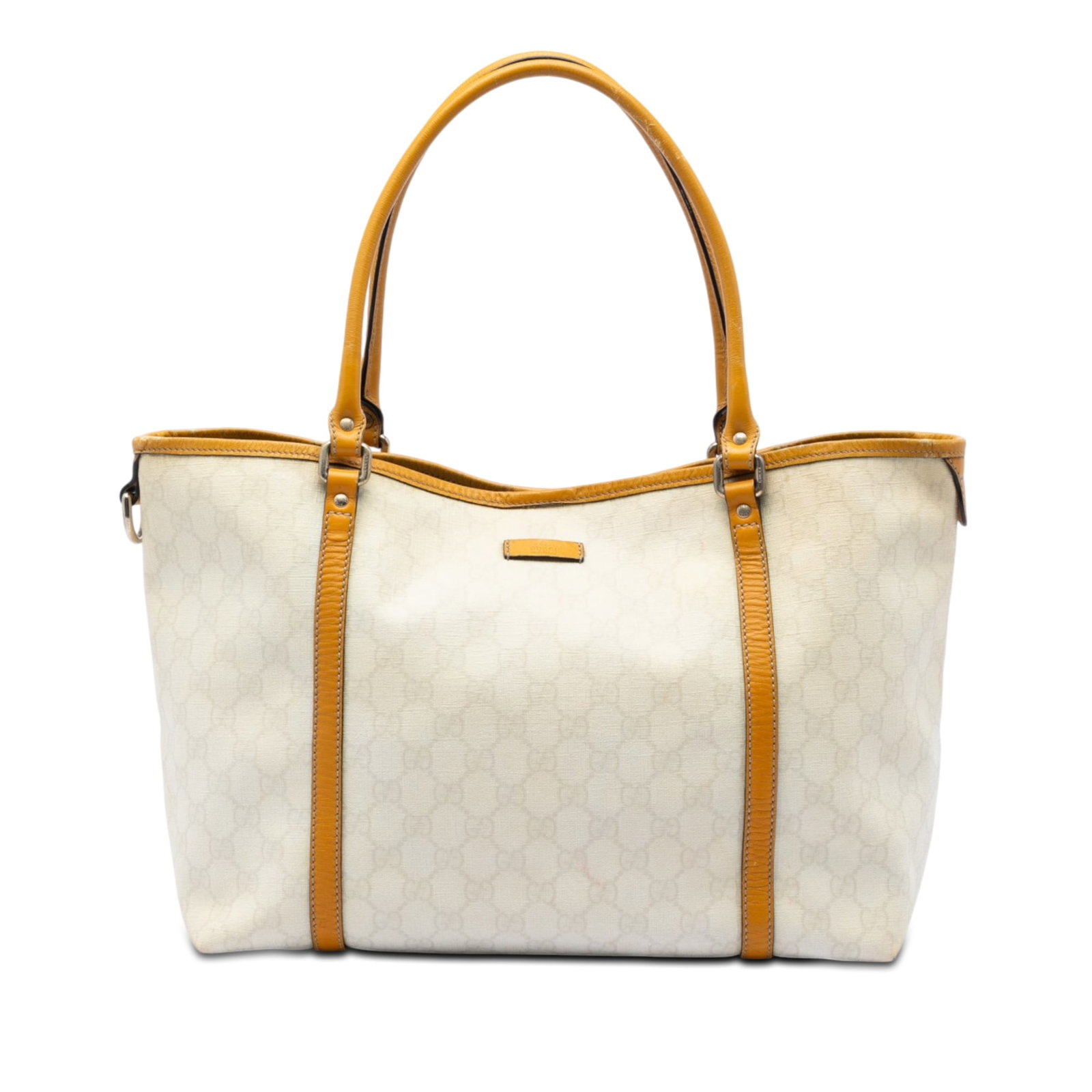 Gucci Medium Joy Tote in White GG Supreme Canvas: Gucci Medium Joy Tote in White GG Supreme Canvas Gucci Medium GG Supreme Joy Tote in white with a coated canvas body and leather trim. This tote features rolled leather handles, an open top with magne