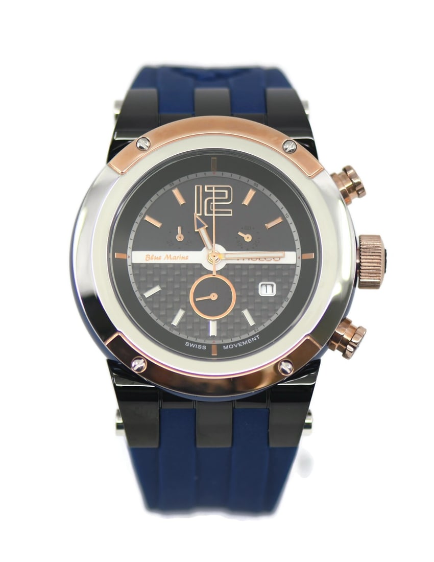 Mulco Nuit Two Tone Stainless Steel Watch MW51621045 with Box and Papers: Mulco Nuit Two Tone Stainless Steel Watch MW51621045 with Box and Papers This Mulco Nuit Two Tone Stainless Steel Watch (Model: MW51621045) features a striking blue silicone band and a sleek black dia