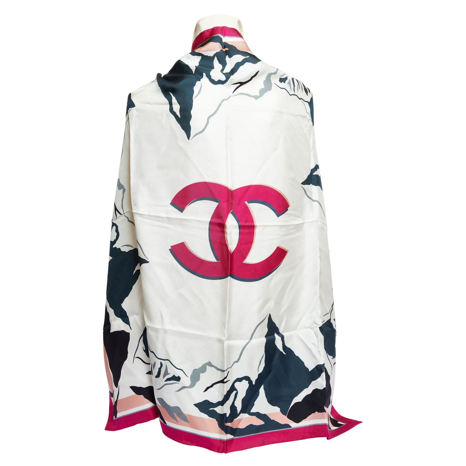 Chanel 36in Silk Scarf with Fuchsia CC and Mountain Design: Chanel 36in Silk Scarf with Fuchsia CC and Mountain Design Elevate your accessory collection with this exquisite Chanel white silk scarf, featuring a bold fuchsia CC logo prominently displayed at its 