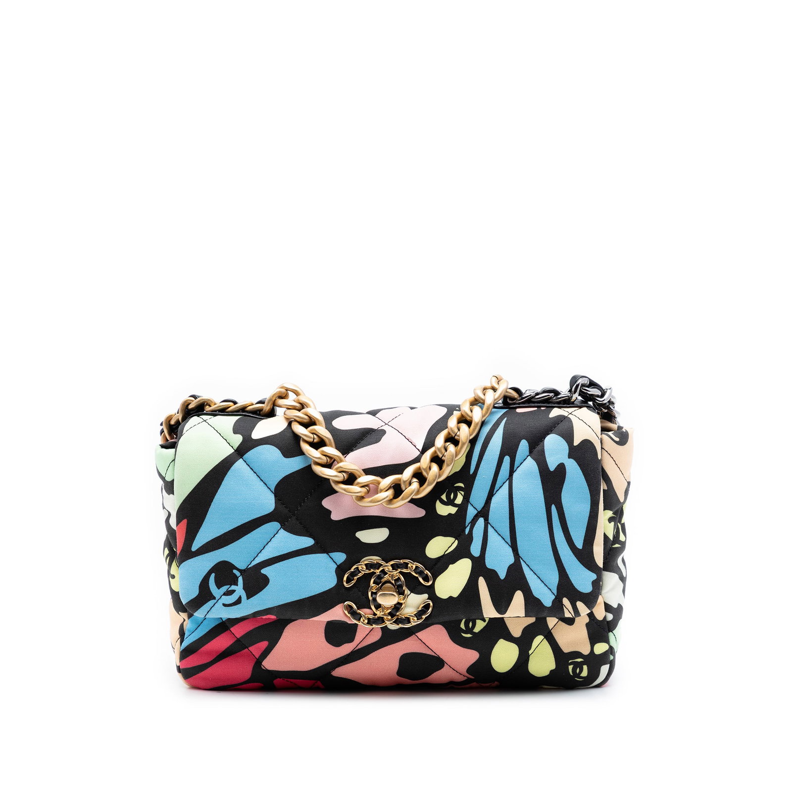 Chanel 19 Flap printed canvas chain shoulder bag: Chanel 19 Flap printed canvas chain shoulder bag This Chanel Medium Printed Canvas 19 Flap Bag features a printed canvas exterior, a chain link handle, woven leather chain link shoulder straps, and a 