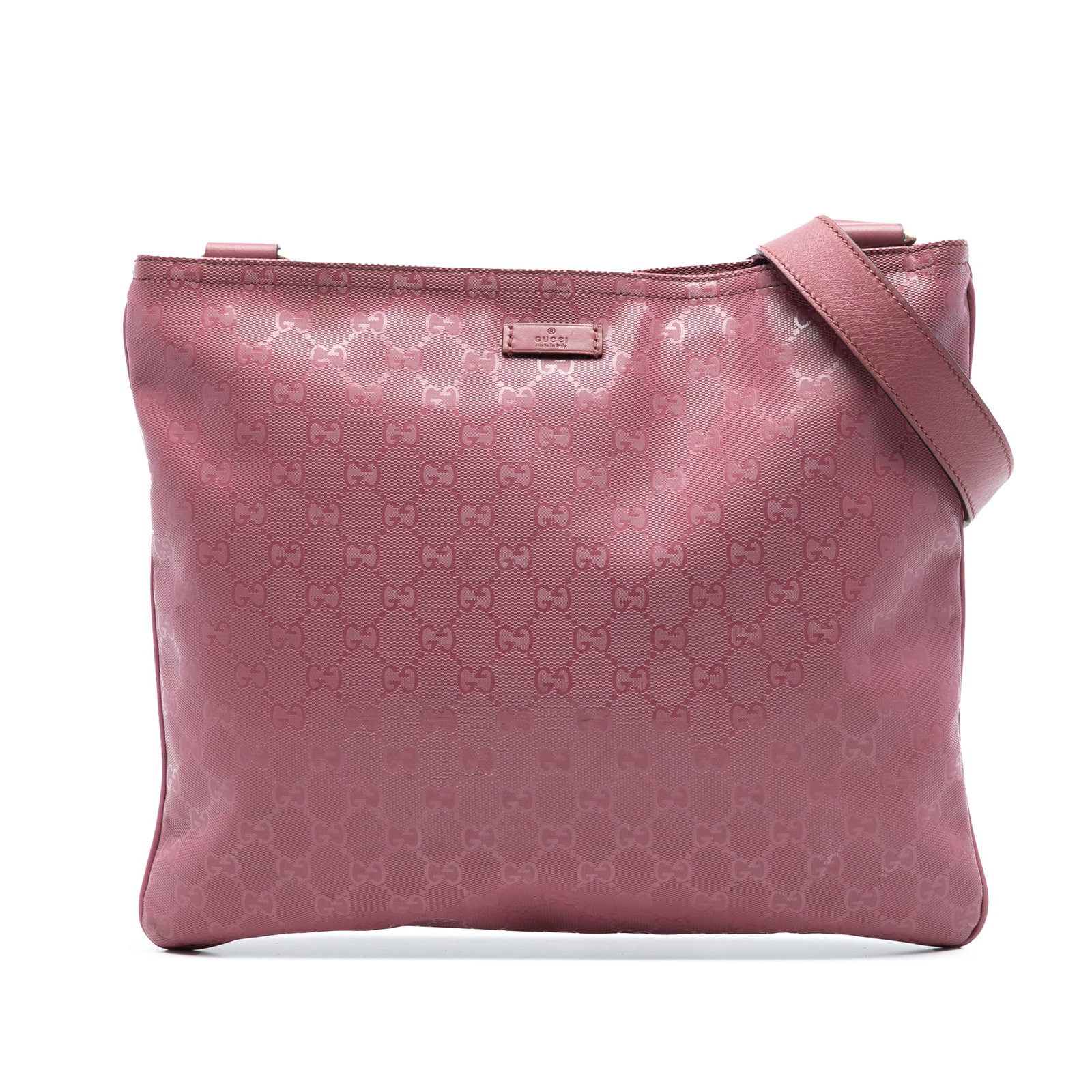 Gucci Pink GG Imprime Coated Canvas Crossbody Bag with Leather Trim: Gucci Pink GG Imprime Coated Canvas Crossbody Bag with Leather Trim This Gucci GG Imprime Crossbody bag is crafted from coated canvas with leather trim and features an adjustable flat leather strap. I