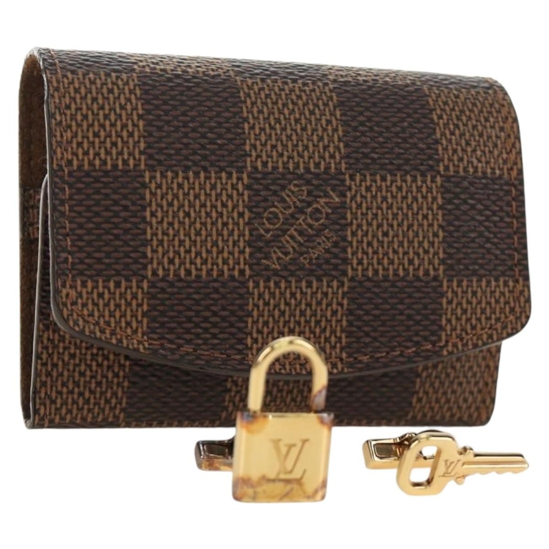 Louis Vuitton Damier Ebene cufflinks gold tone canvas with box dust bag: Louis Vuitton Damier Ebene cufflinks gold tone canvas with box dust bag Louis Vuitton Damier Ebene button cufflinks in gold tone with Damier Ebene canvas. Made in France, they come with a dust bag and