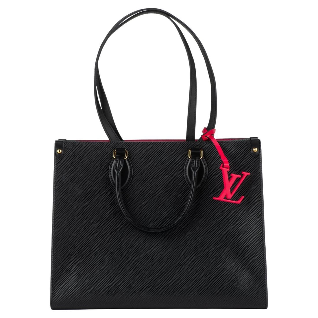 Louis Vuitton On The Go MM Black Epi Leather Tote with Fuchsia Interior: Louis Vuitton On The Go MM Black Epi Leather Tote with Fuchsia Interior Discover the elegance of the Louis Vuitton Black/Fuchsia Epi On The Go MM tote. This stylish bag is crafted from high-quality bl