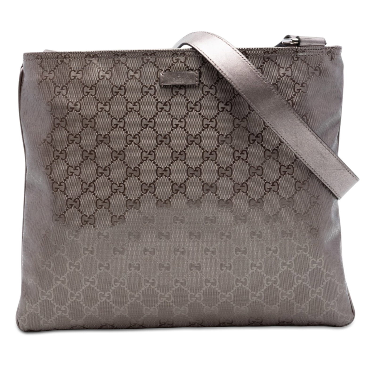 Gucci GG Imprime Gold Coated Canvas Crossbody Bag: Gucci GG Imprime Gold Coated Canvas Crossbody Bag This Gucci GG Imprime Crossbody bag features a coated canvas exterior in gold, complemented by an adjustable flat leather strap for versatile wear. Th