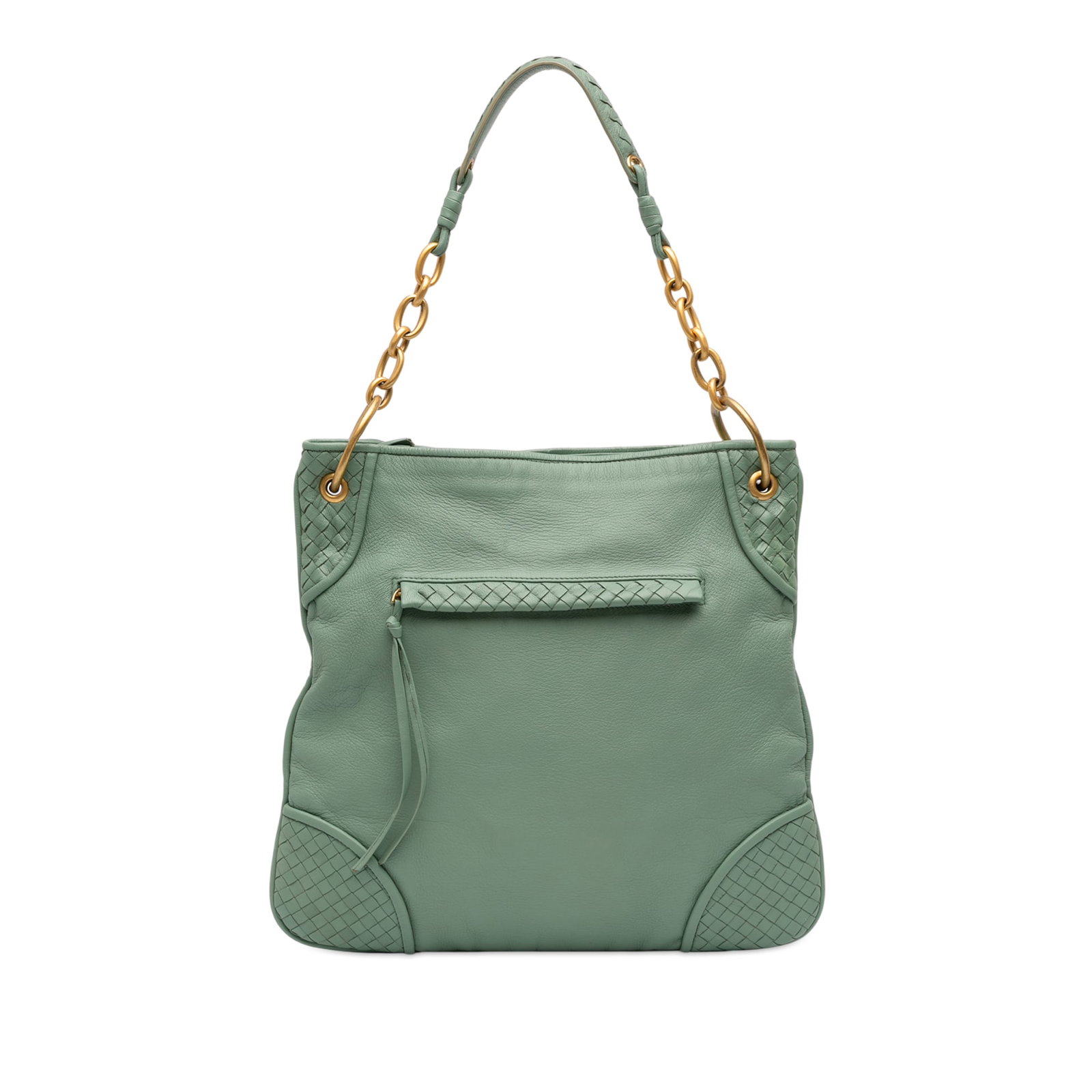 Green Leather Shoulder Bag with Woven Detailing by Bottega Veneta Intrecciato: Green Leather Shoulder Bag with Woven Detailing by Bottega Veneta Intrecciato This Bottega Veneta Intrecciato Trimmed Leather Shoulder Bag showcases a green leather body with signature woven trim. It 