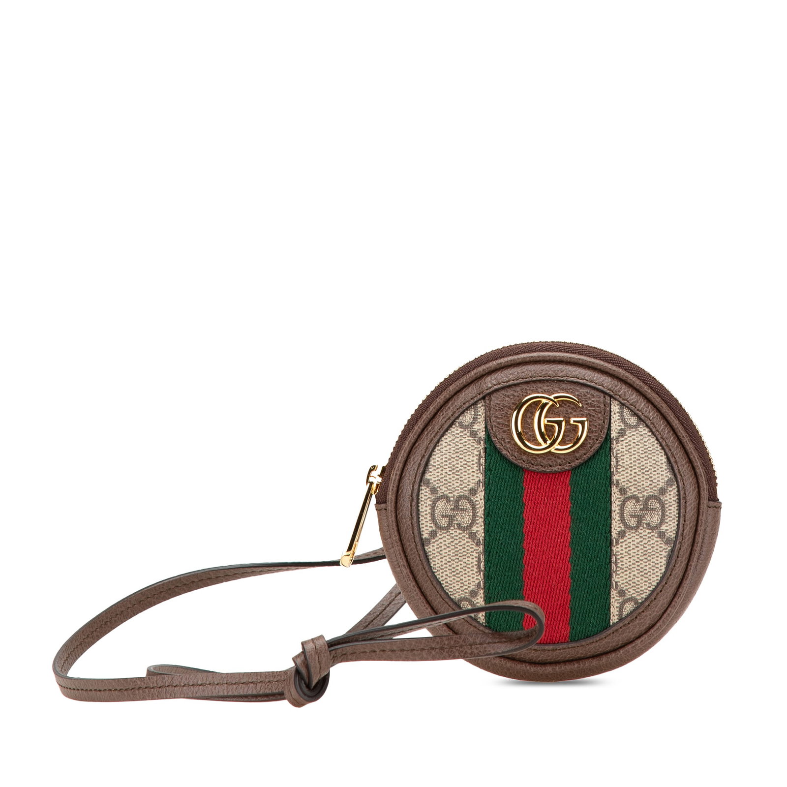Gucci Mini GG Supreme Ophidia Round Neck Pouch Brown Fabric: Gucci Mini GG Supreme Ophidia Round Neck Pouch Brown Fabric The Gucci Mini GG Supreme Ophidia Round Neck Pouch is a stylish accessory crafted from coated canvas with luxurious leather trim and iconic 