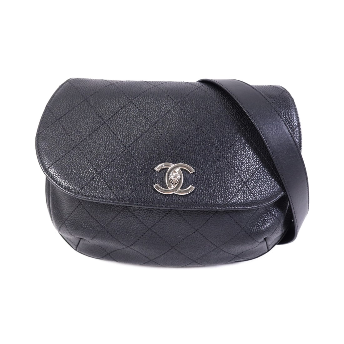 CHANEL CC Shoulder Bag Black Calfskin Leather SHW: CHANEL CC Shoulder Bag Black Calfskin Leather SHW CHANEL shoulder bag in black calfskin (cowhide) leather, designed for women in a regular size. It features a black frame color, turn lock closure, and