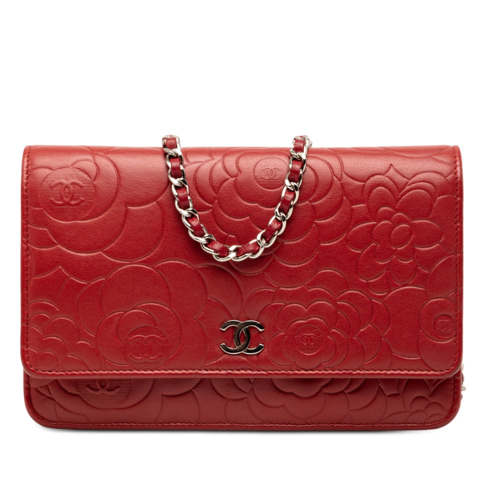 Chanel Camellia Lambskin Quilted Wallet on Chain with CC Embossed Flap: Chanel Camellia Lambskin Quilted Wallet on Chain with CC Embossed Flap This Chanel wallet on chain is crafted from quilted lambskin leather in a red color and features the iconic CC embossing and Came