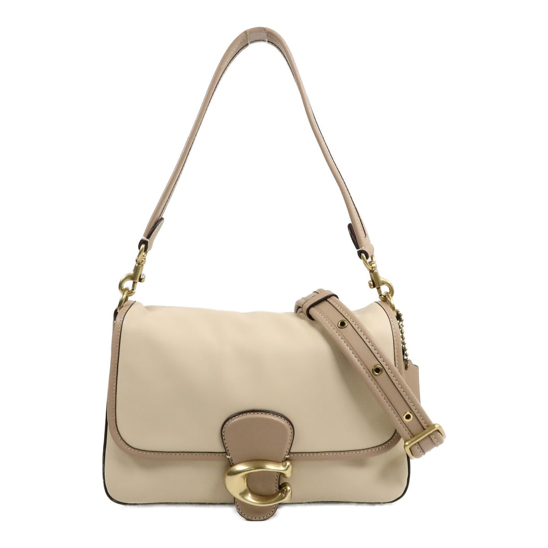 COACH Calfskin Shoulder Bag Beige with Strap and Brand Tag: COACH Calfskin Shoulder Bag Beige with Strap and Brand Tag COACH shoulder bag in beige calfskin (cowhide) leather, designed for women and presented in very good AB condition. It features a shoulder st
