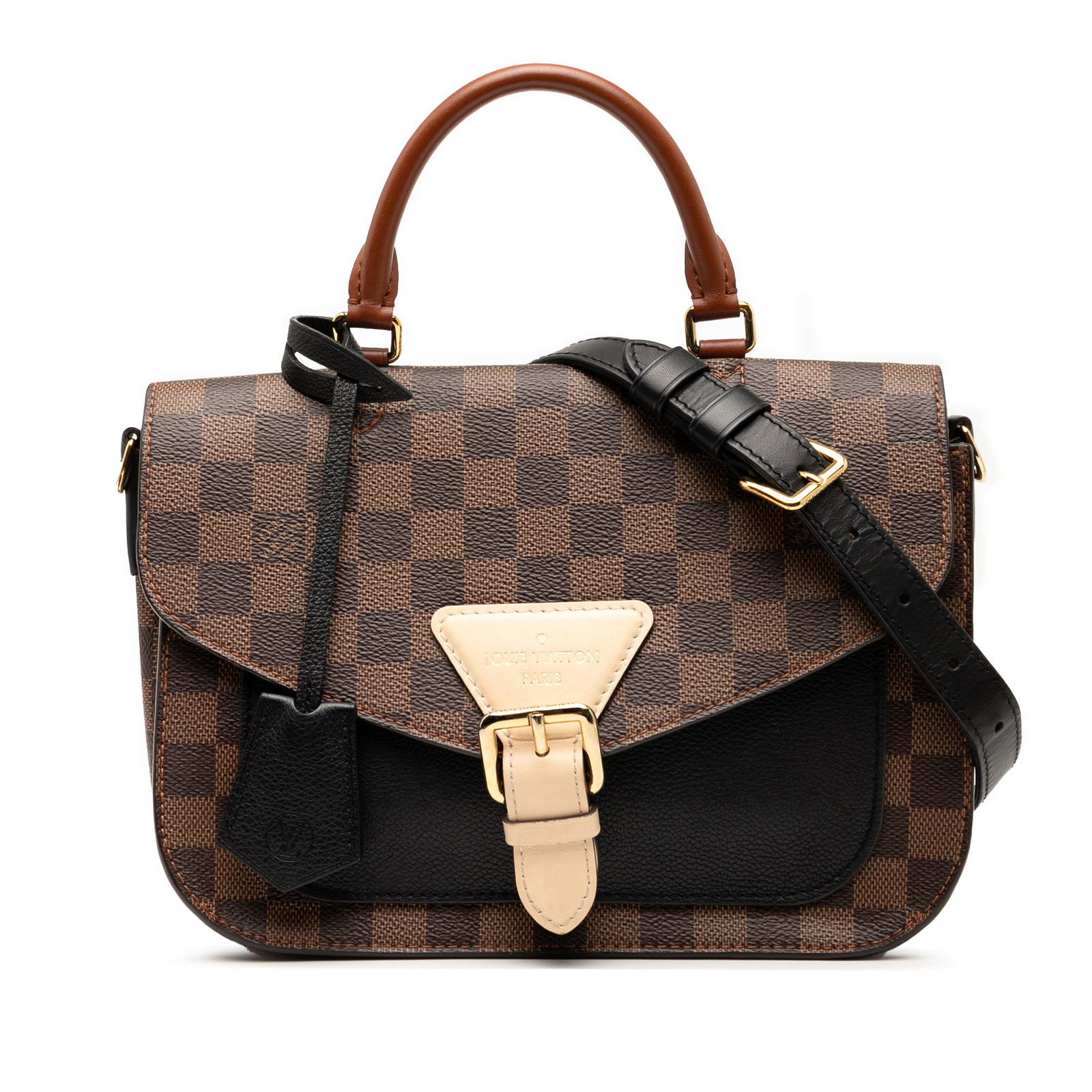 Louis Vuitton Damier Ebene Beaumarchais Bag with Leather Trim: Louis Vuitton Damier Ebene Beaumarchais Bag with Leather Trim The Louis Vuitton Damier Ebene Beaumarchais is a stylish handbag crafted from damier canvas with luxurious leather trim. It features a top