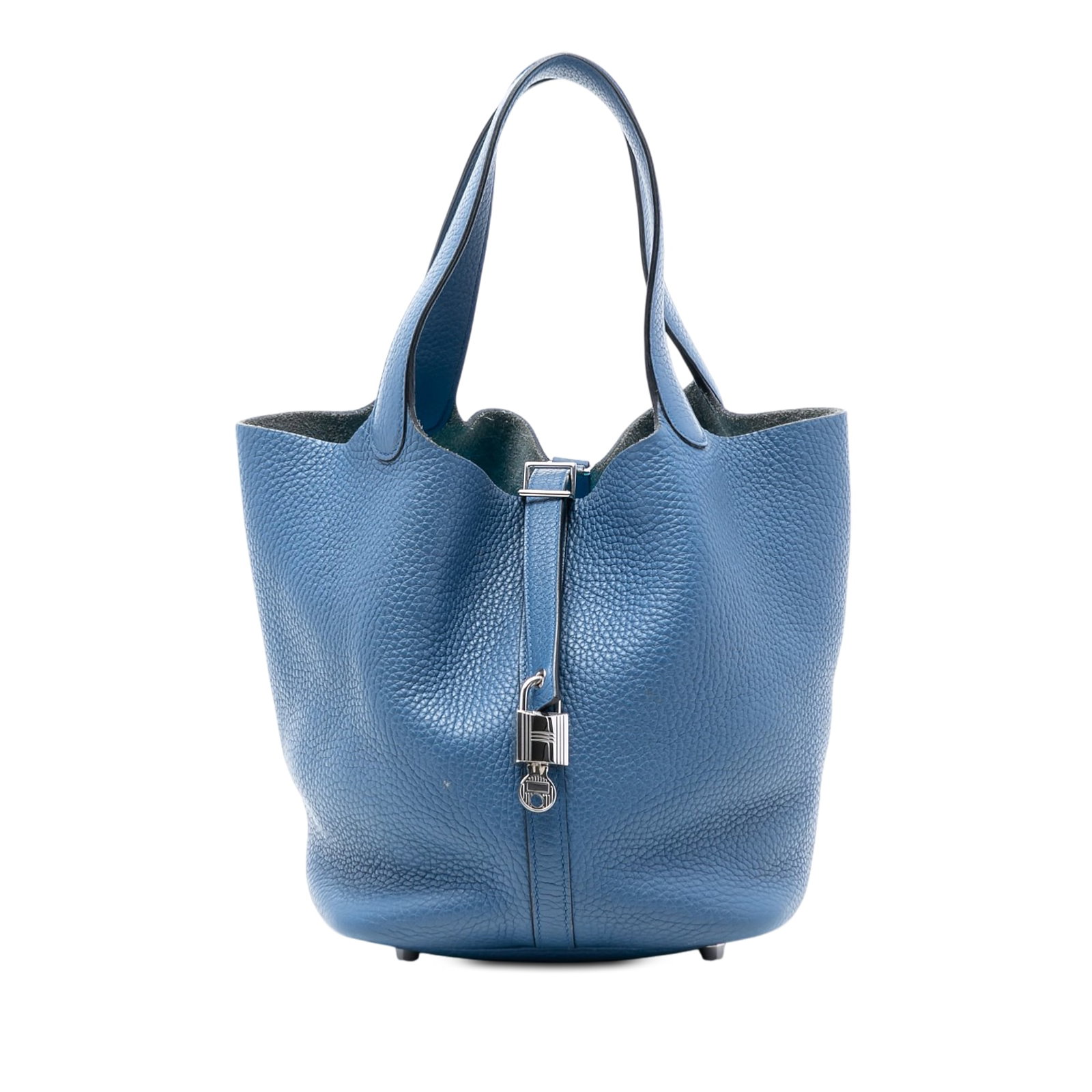 Hermes Picotin Lock 22 Blue Agate Clemence Leather Handbag France: Hermes Picotin Lock 22 Blue Agate Clemence Leather Handbag France The Hermes Clemence Picotin Lock 22 is crafted from Clemence leather in Blue Agate and features flat leather handles. The bag has an o