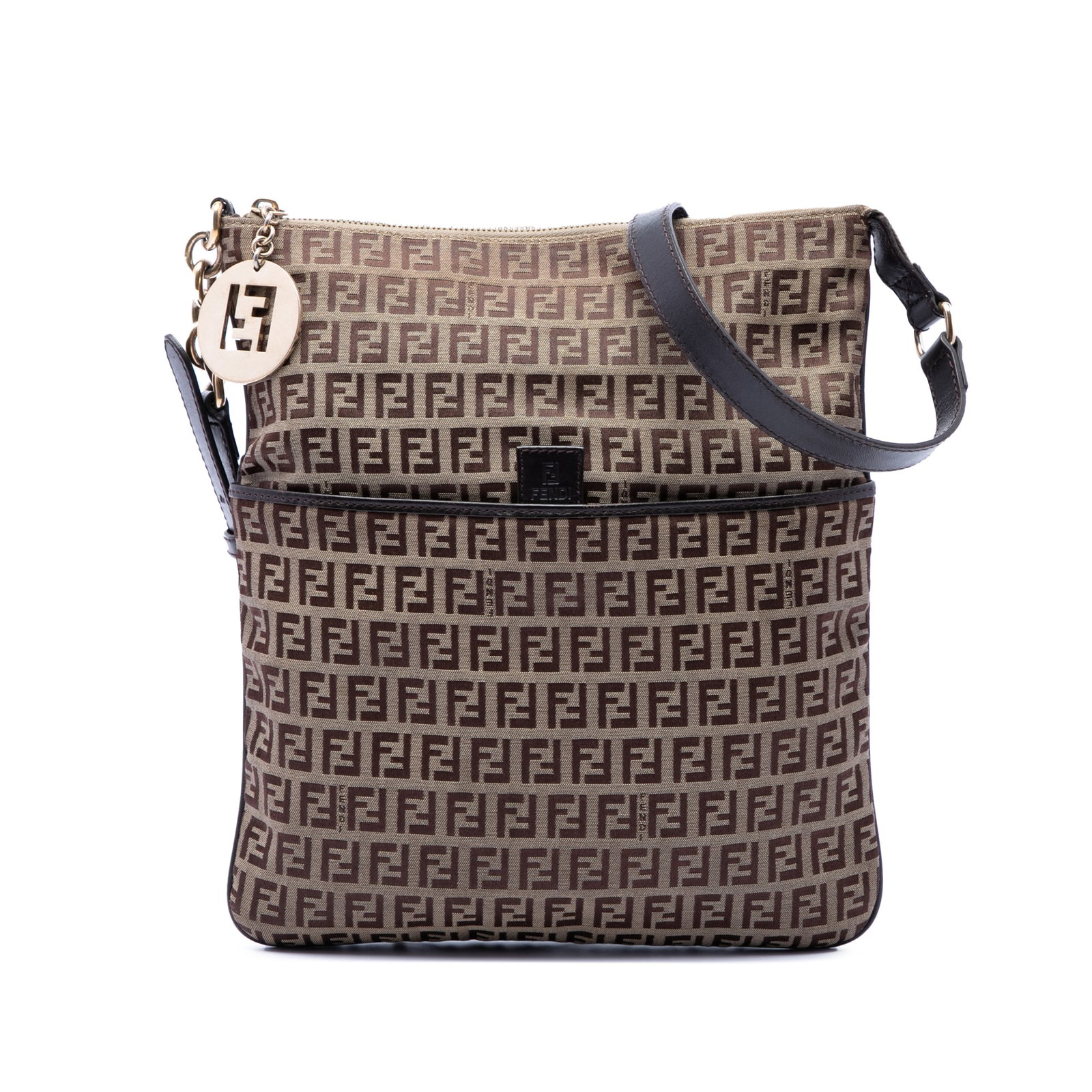 Fendi Zucchino Beige Canvas Crossbody Bag with Leather Trim: Fendi Zucchino Beige Canvas Crossbody Bag with Leather Trim Fendi Zucchino canvas crossbody bag with leather trim and an adjustable flat leather strap. The bag features a top zip closure, an exterior 