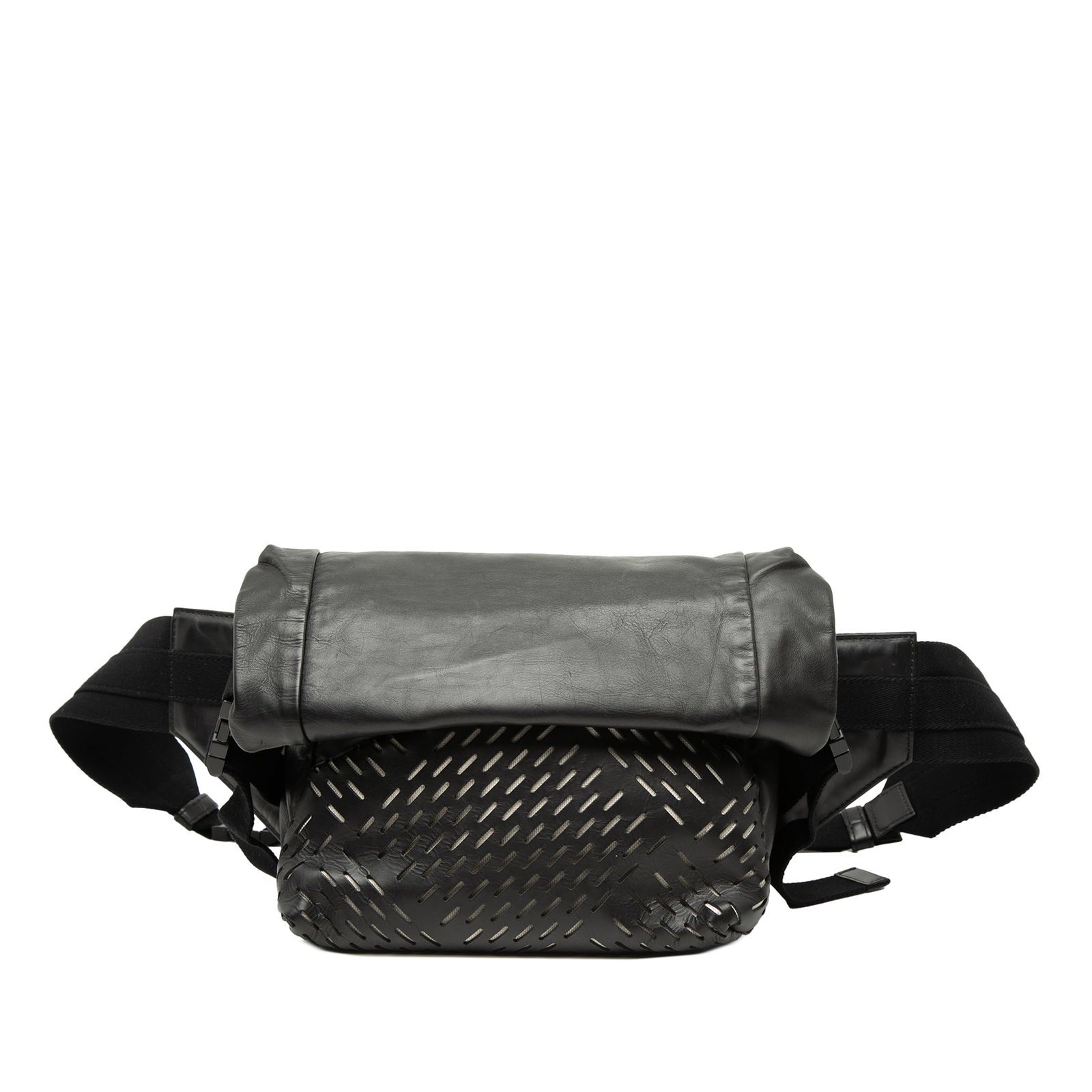 Black Leather Waist Bag Bottega Veneta Perforated Belt Bag: Black Leather Waist Bag Bottega Veneta Perforated Belt Bag Bottega Veneta belt bag crafted in black perforated leather with a quilted body. It features an adjustable flat waist strap, a fold-over comp