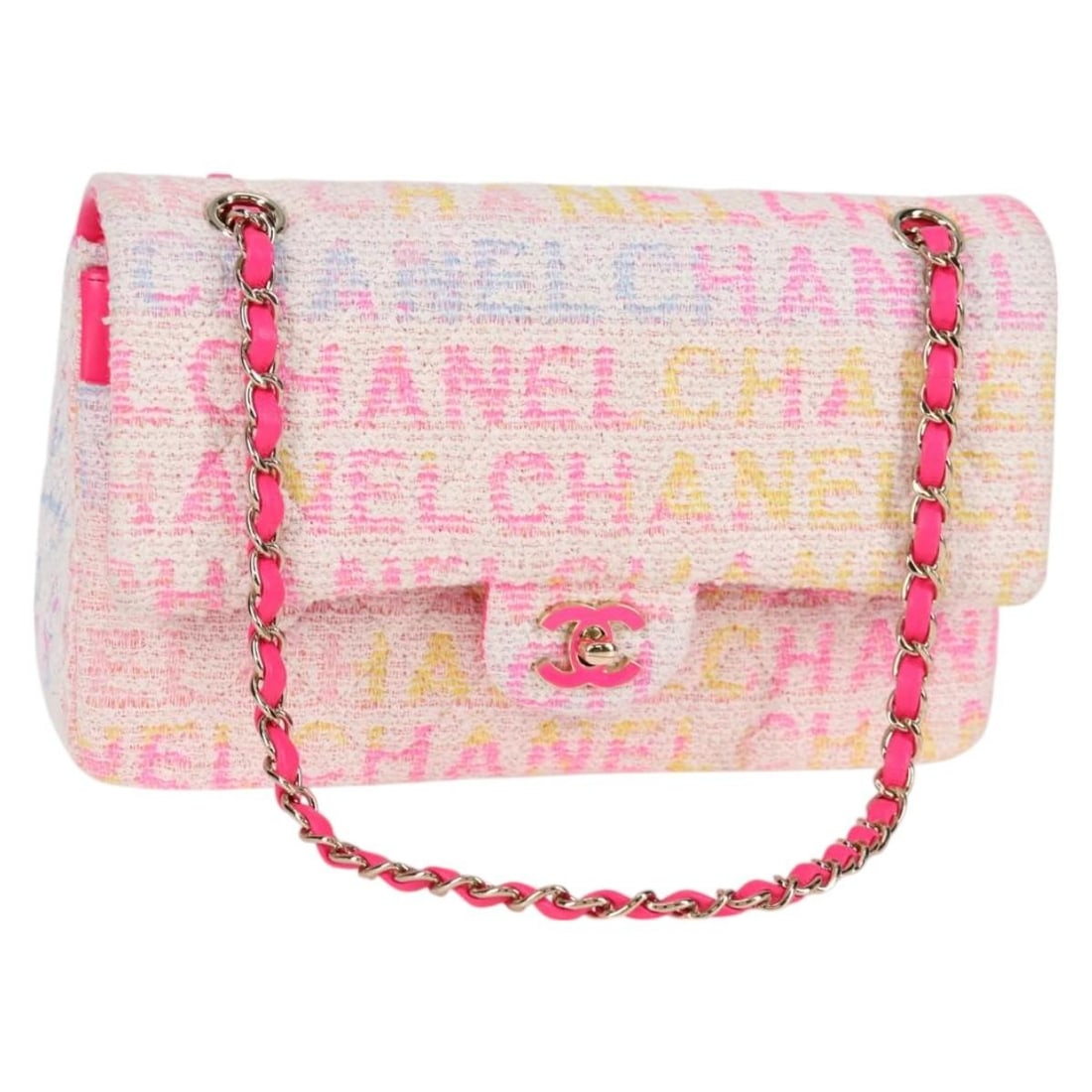 CHANEL Matelasse 25 Tweed Shoulder Bag Pink Gold CC: CHANEL Matelasse 25 Tweed Shoulder Bag Pink Gold CC A CHANEL Matelasse 25 chain shoulder bag in pink and gold canvas, made in France. It comes with a dust bag and is described as being in pristine con