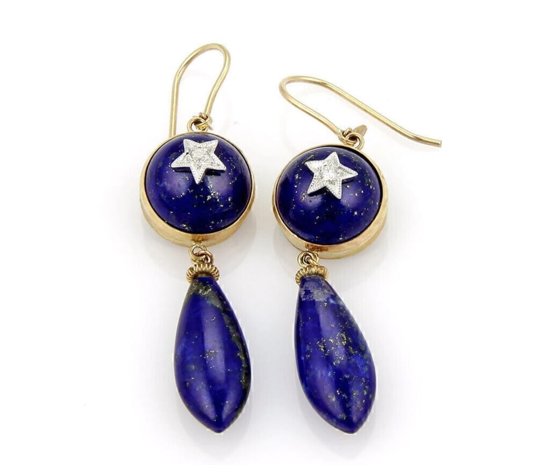 Vintage 9k Yellow White Gold Lapis Drop Earrings with Diamond Star: Vintage 9k Yellow White Gold Lapis Drop Earrings with Diamond Star Vintage estate dangle/drop earrings crafted in 9k yellow and white gold, featuring lapis stones with diamond accents and diamond star