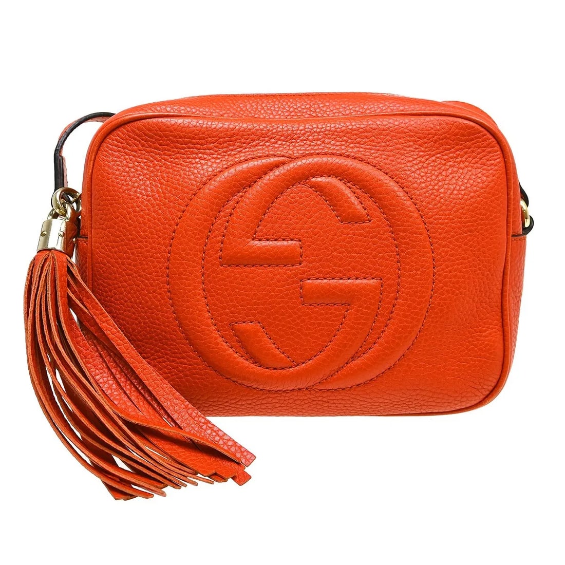 Gucci Soho Disco orange leather crossbody bag: Gucci Soho Disco orange leather crossbody bag Gucci Soho Disco leather bag for women in orange. Made in Italy, it measures 20 cm x 14 cm x 6 cm and is described as being in good condition with edge sc