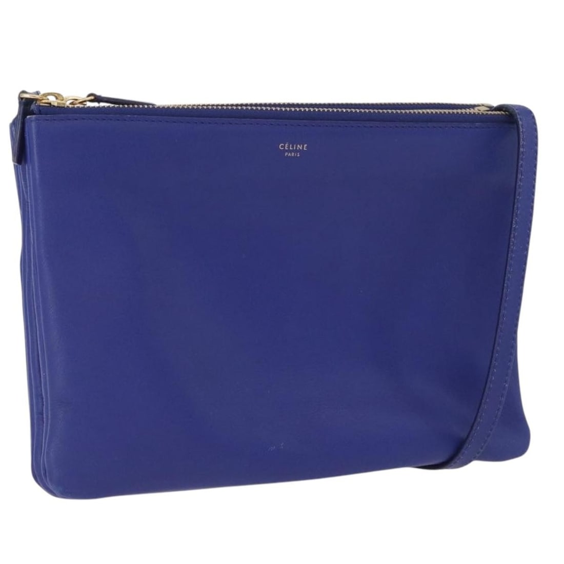 CELINE Trio Large blue leather shoulder bag gold tone: CELINE Trio Large blue leather shoulder bag gold tone Celine Trio Large shoulder bag in blue leather with gold-tone accents. Made in Italy, this women's shoulder bag shows reasonable wear and tear con
