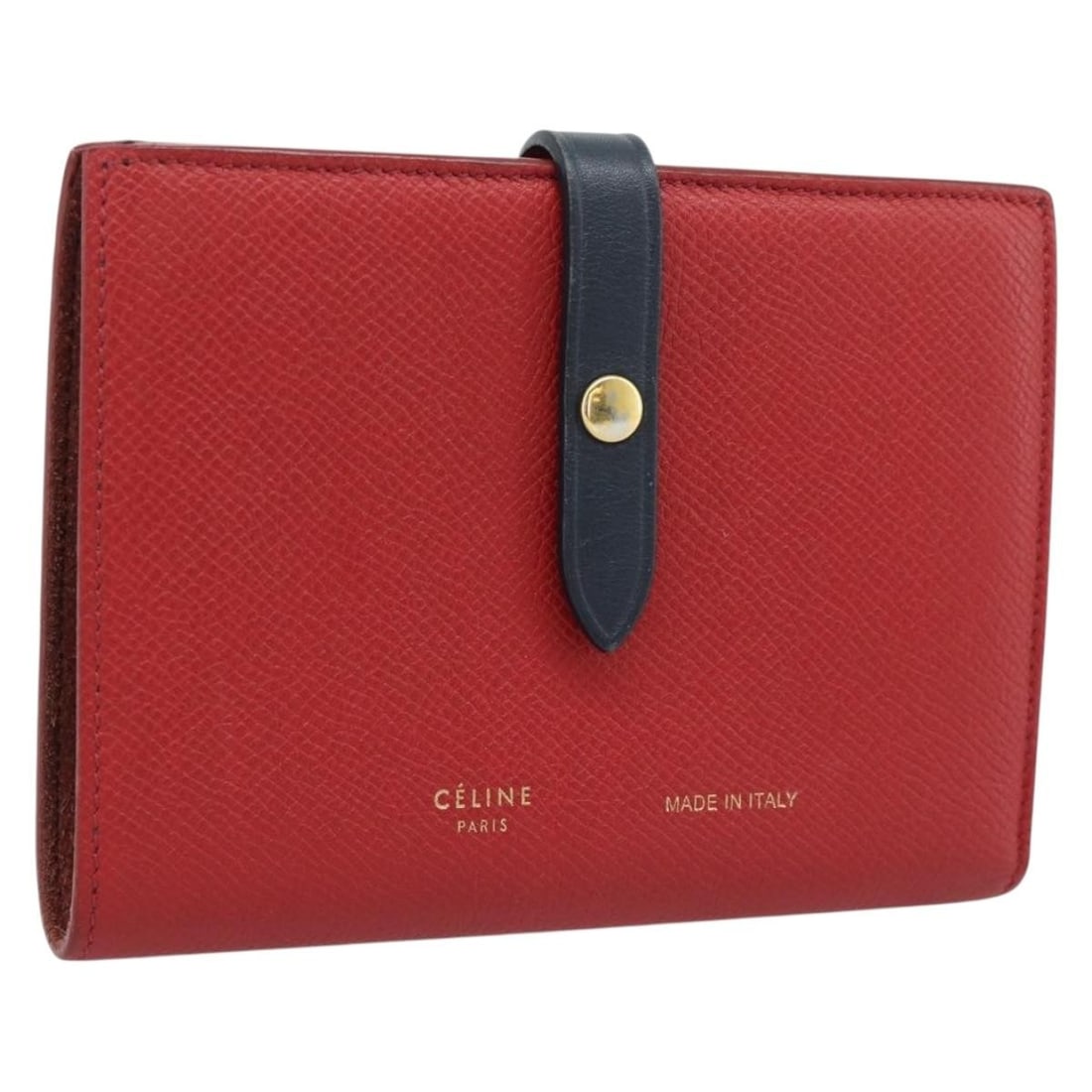 CELINE leather bifold wallet red with gold tone hardware: CELINE leather bifold wallet red with gold tone hardware CELINE large strap bifold wallet in red leather with a gold tone finish. Made in Italy, this women's wallet measures approximately 14 cm wide, 