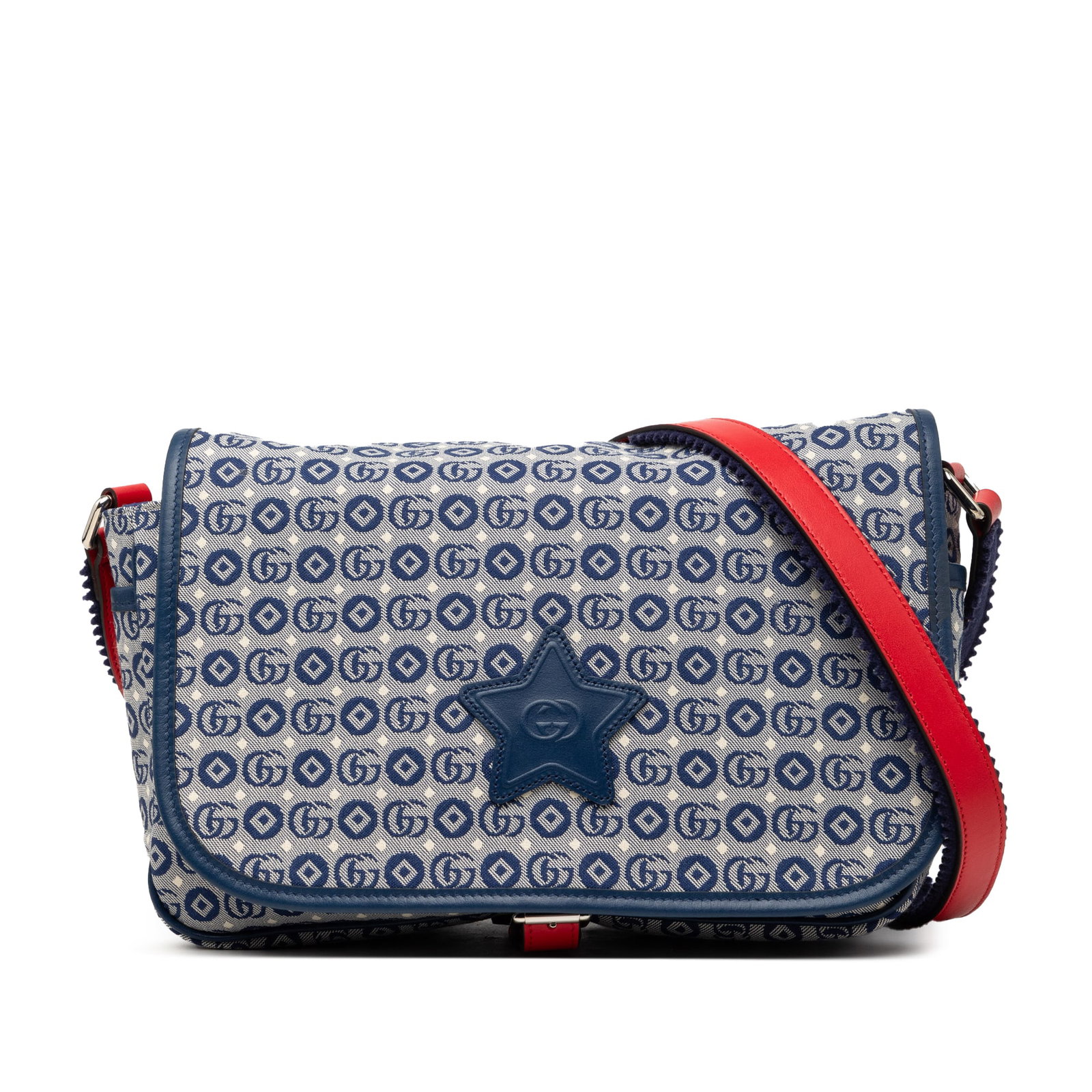 Gucci Kids Star GG Canvas Crossbody Bag Blue: Gucci Kids Star GG Canvas Crossbody Bag Blue This Gucci Kids GG Canvas Star Messenger Bag is a crossbody bag made with a canvas body and leather trim. It features an adjustable flat leather shoulder s