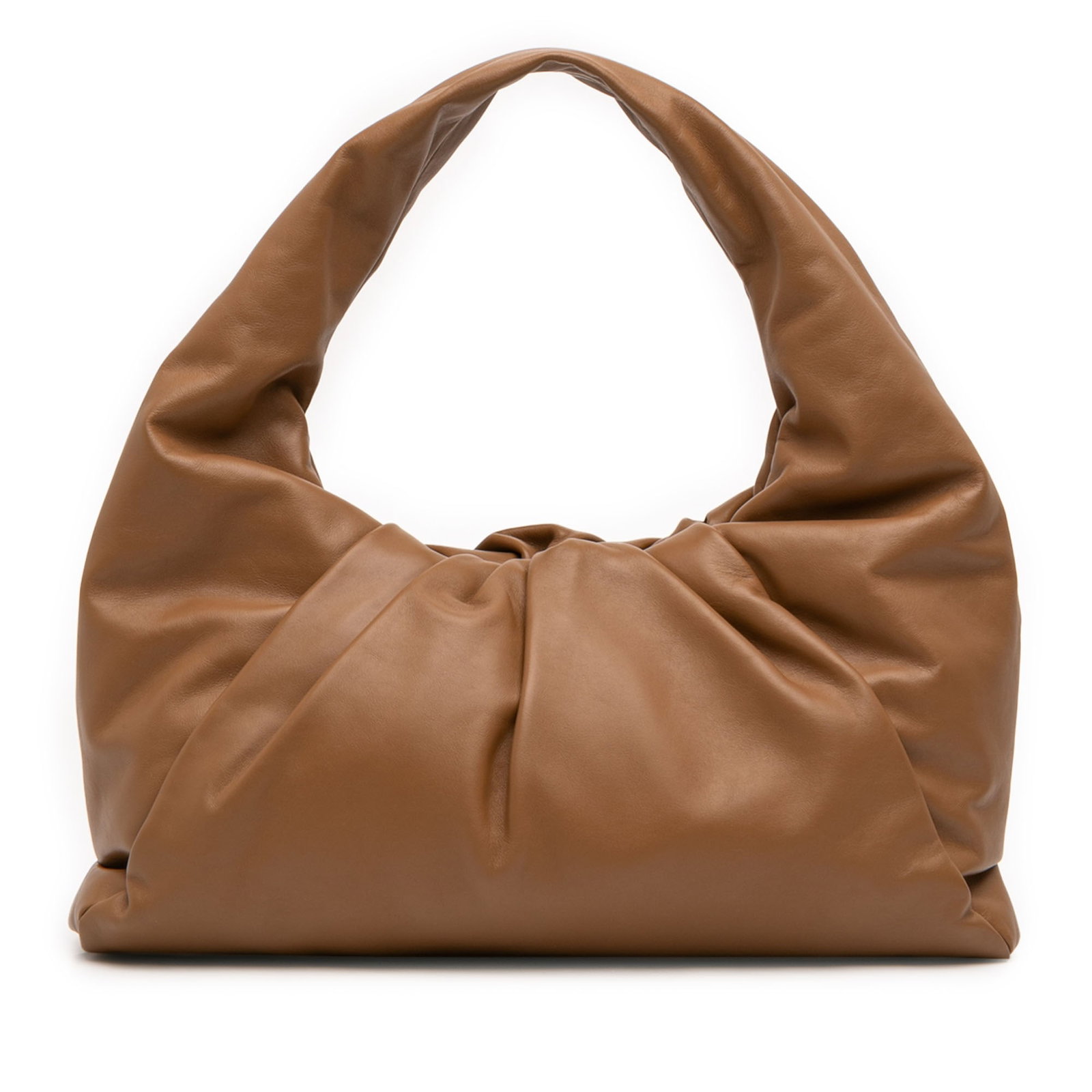 Bottega Veneta Lambskin Leather Shoulder Bag with Dust Bag: Bottega Veneta Lambskin Leather Shoulder Bag with Dust Bag This Bottega Veneta Lambskin The Shoulder Pouch features a brown leather body with a flat strap and a top magnetic frame closure. The bag is 